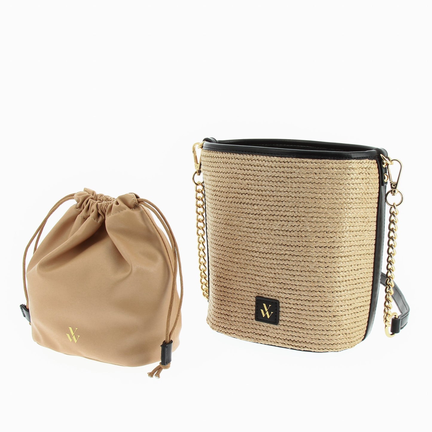 Sac seau beige effet raphia et noir femme à chaîne dorée et bandoulières Vanessa Wu