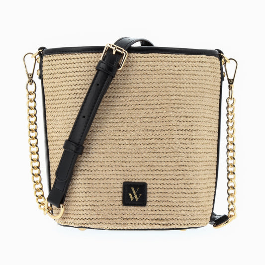 Sac seau beige effet raphia et noir femme à chaîne dorée et bandoulières Vanessa Wu