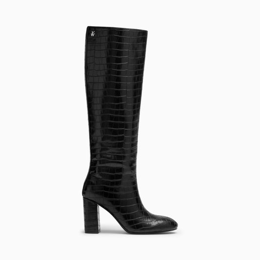 Bottes Vanessa Wu femme en similicuir noir effet crocodile à talon bloc recouvert noir