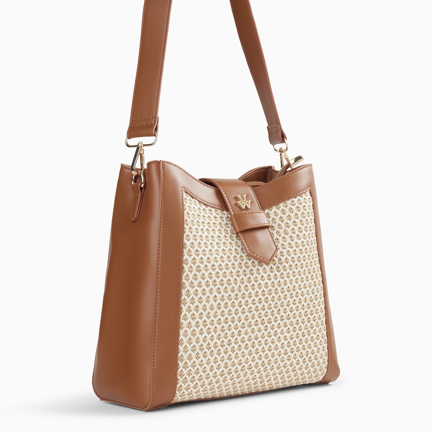 Sac bourse camel femme en similicuir et raphia beige Vanessa Wu avec bandoulières taille moyenne