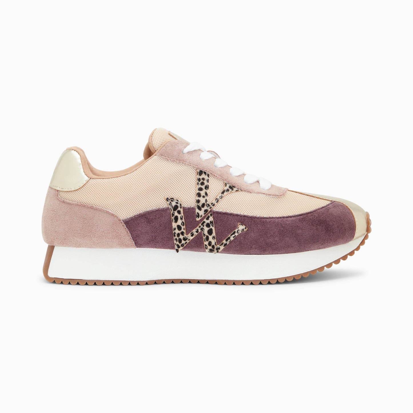 Baskets style running femme Vanessa Wu beige à monogramme léopard et détails rose et violet