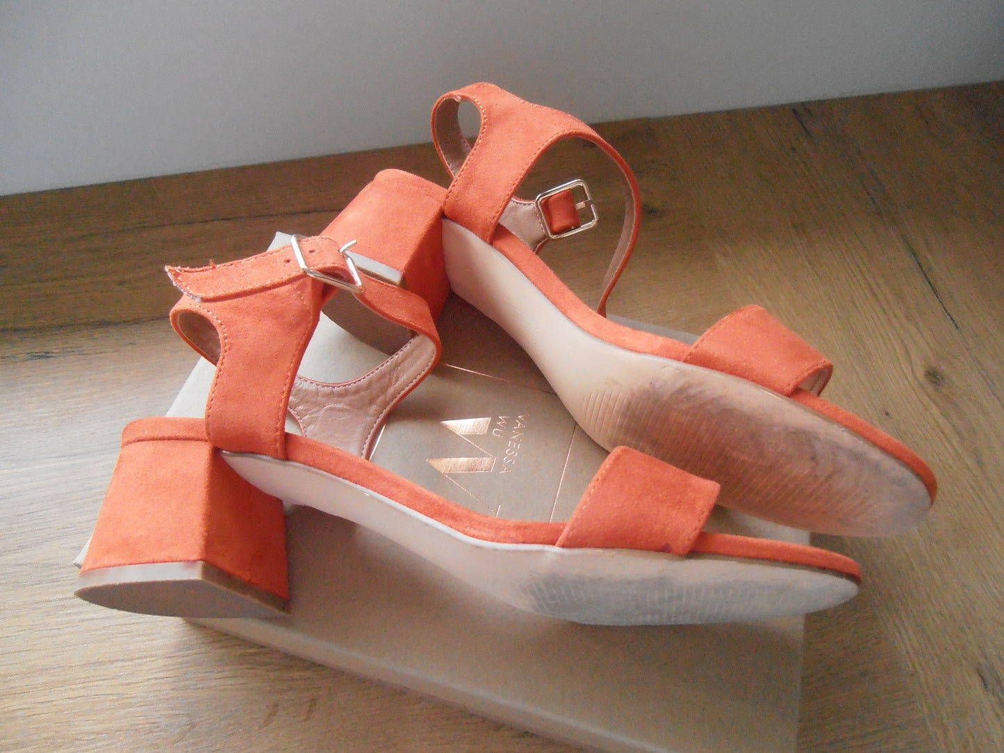 Orange Melissa sandals with small chunky heel