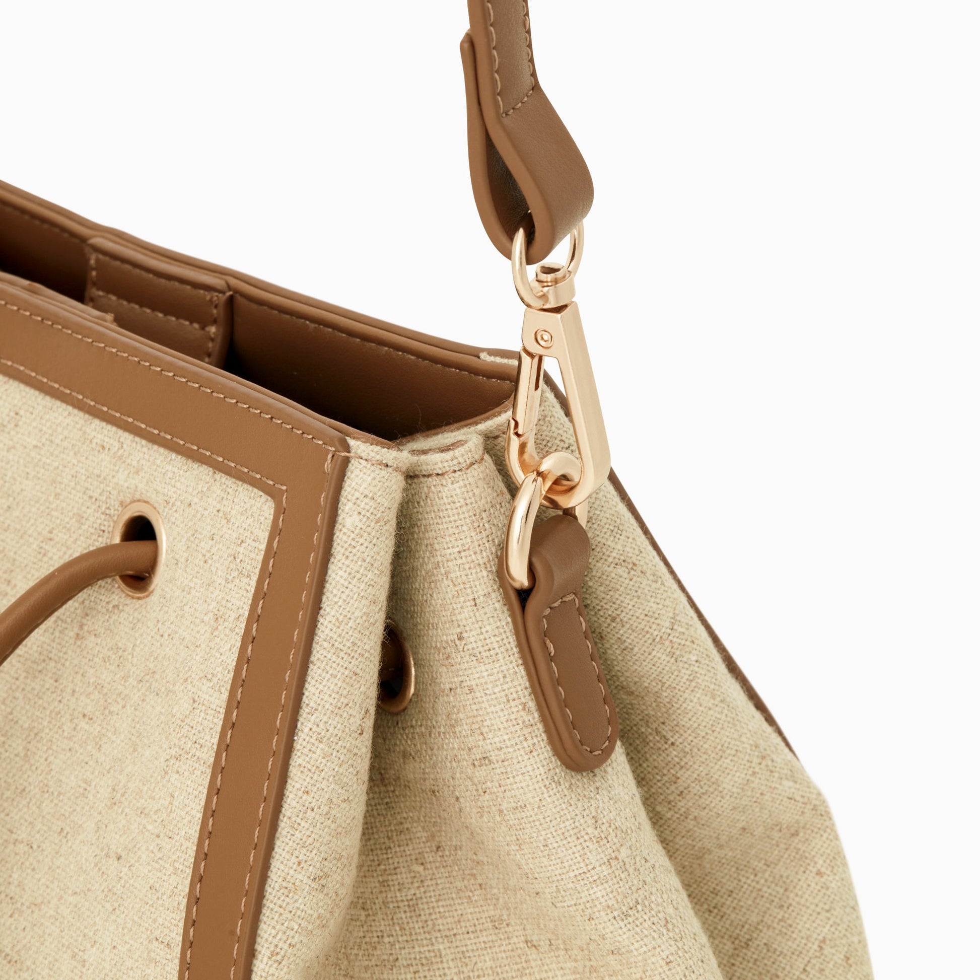 Sac bourse femme beige effet toile de jute à détails marron et cordon en similicuir