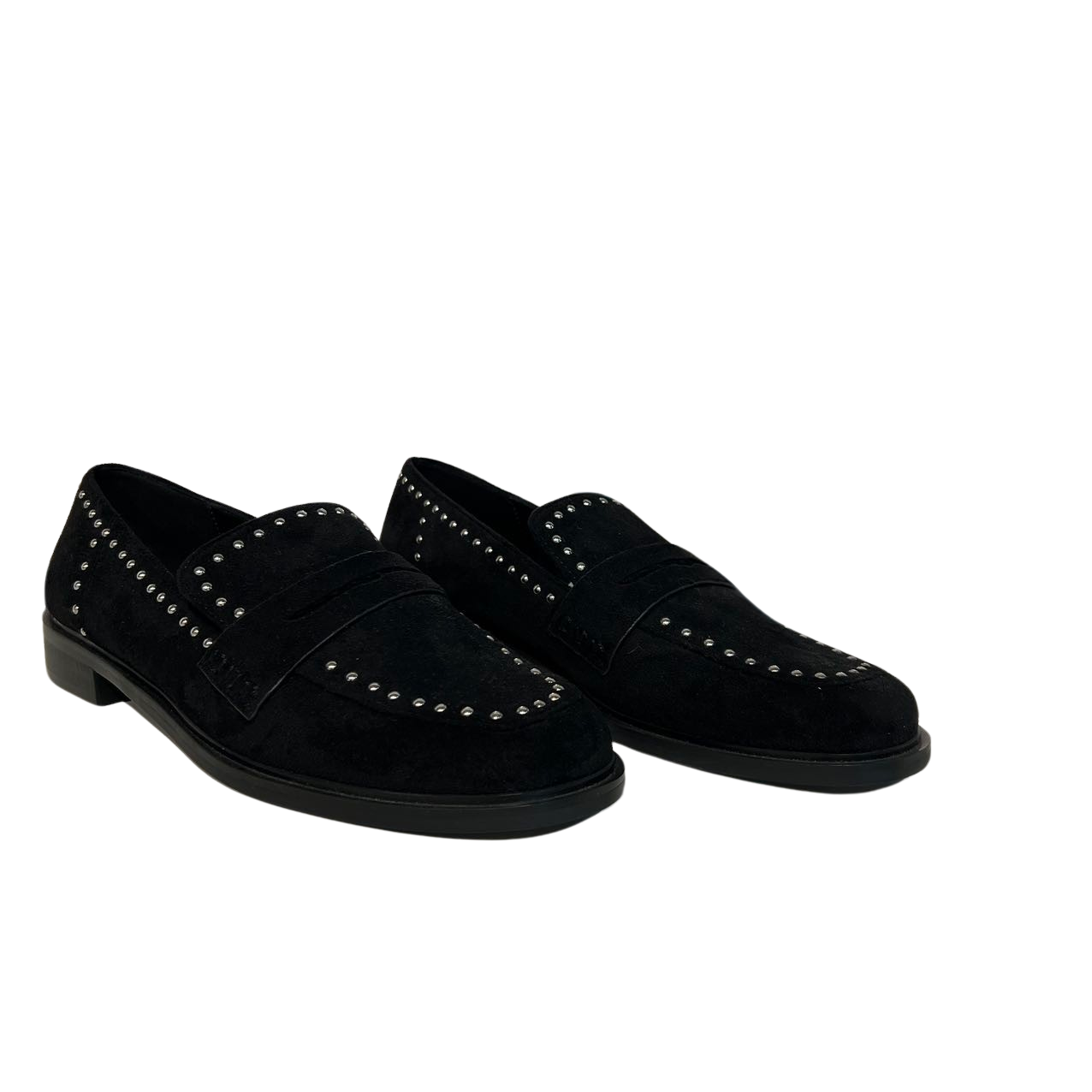 Black suede loafers with silver studs