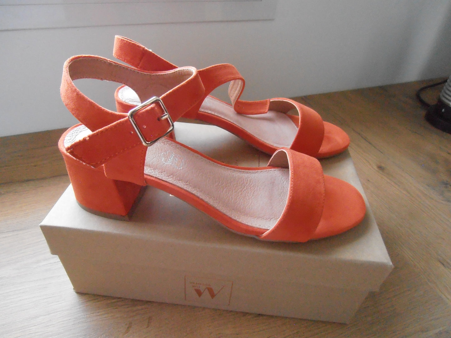 Orange Melissa sandals with small chunky heel