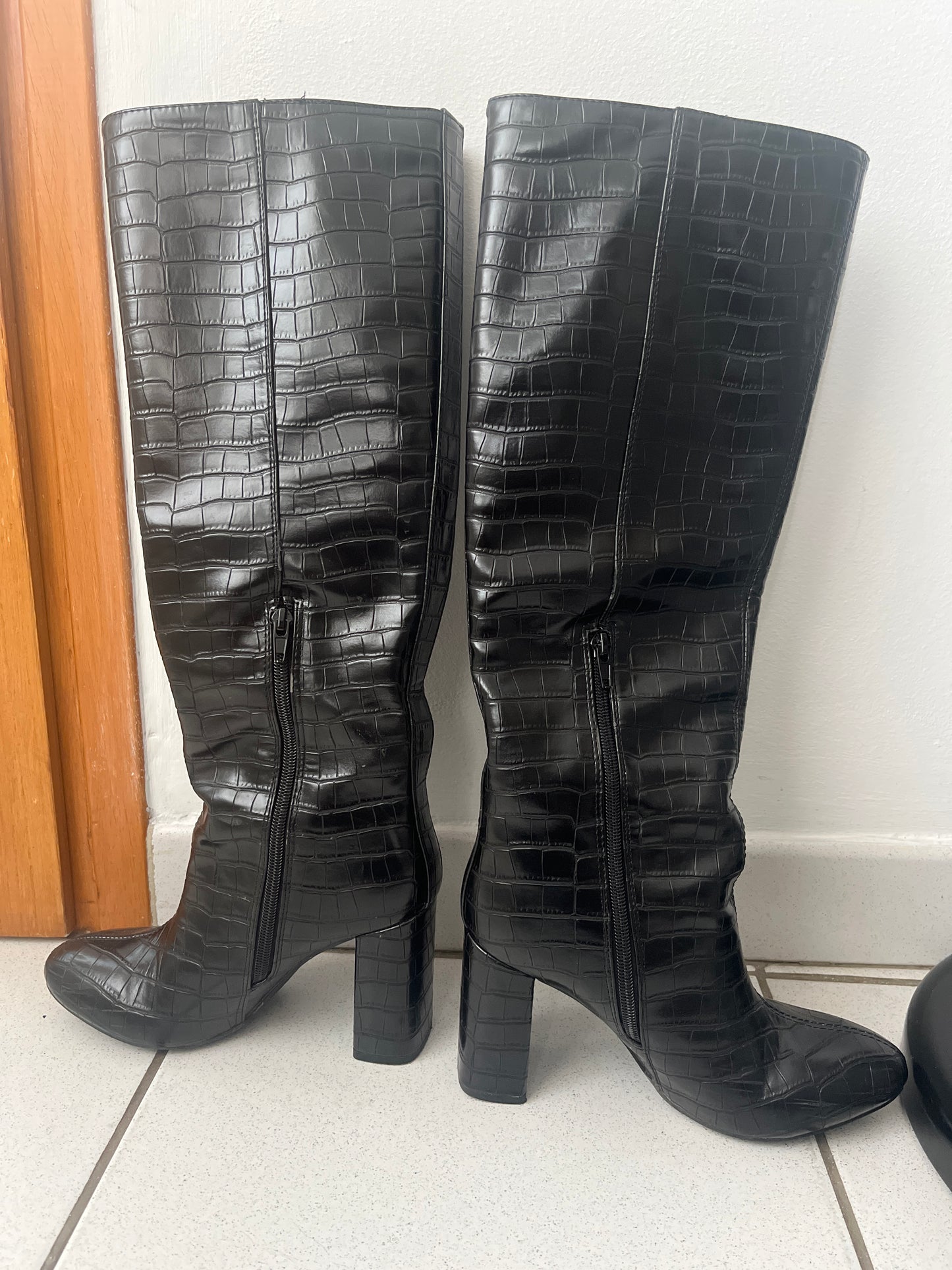 Diana black croc heeled boots