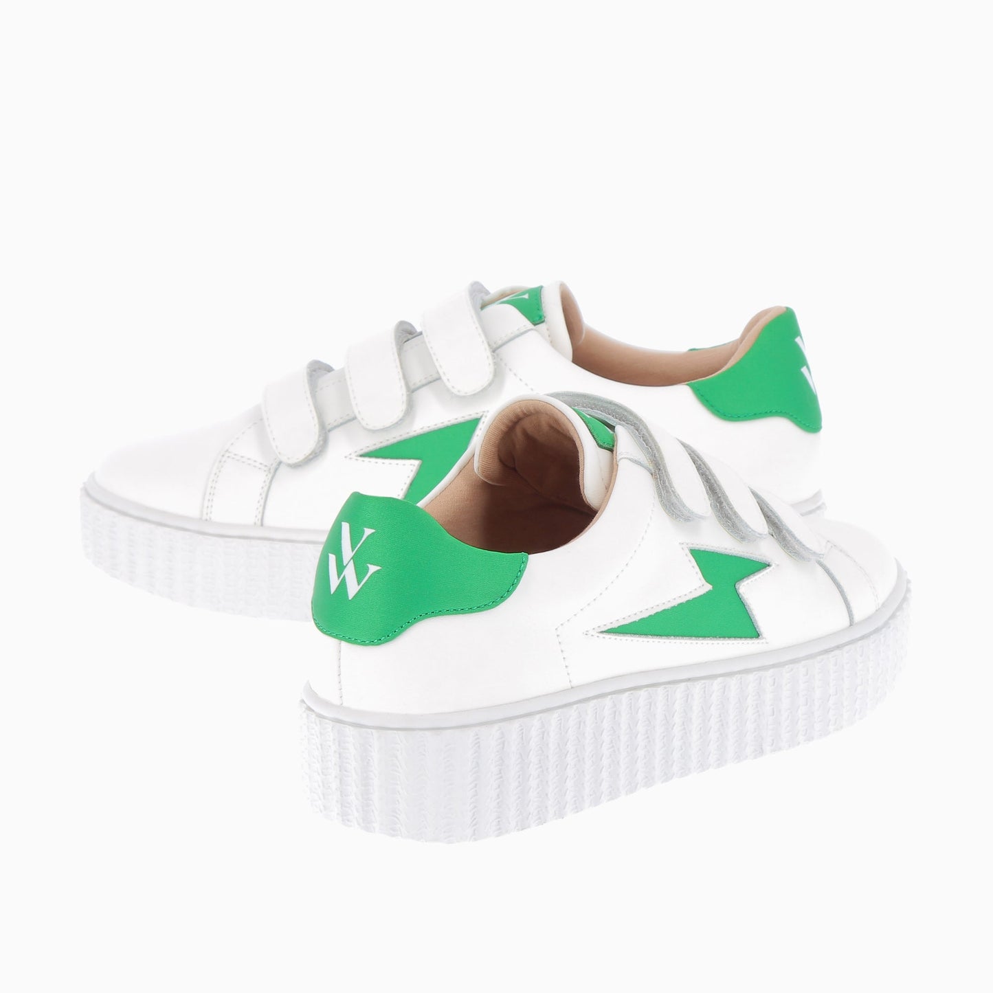 Baskets blanches à scratchs à semelle creepers et éclair vert en satin femme Vanessa Wu