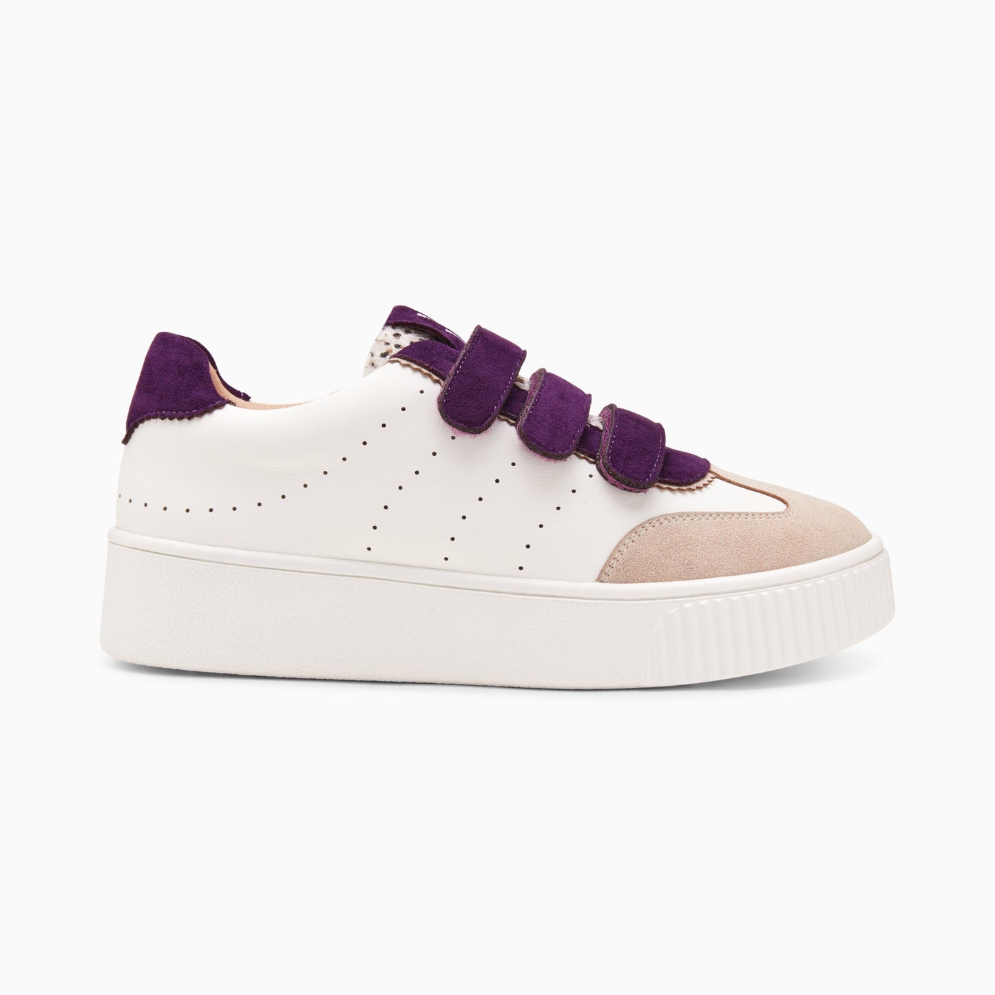 Baskets basses Vanessa Wu femme blanches en faux cuir à scratchs violets et détails beiges