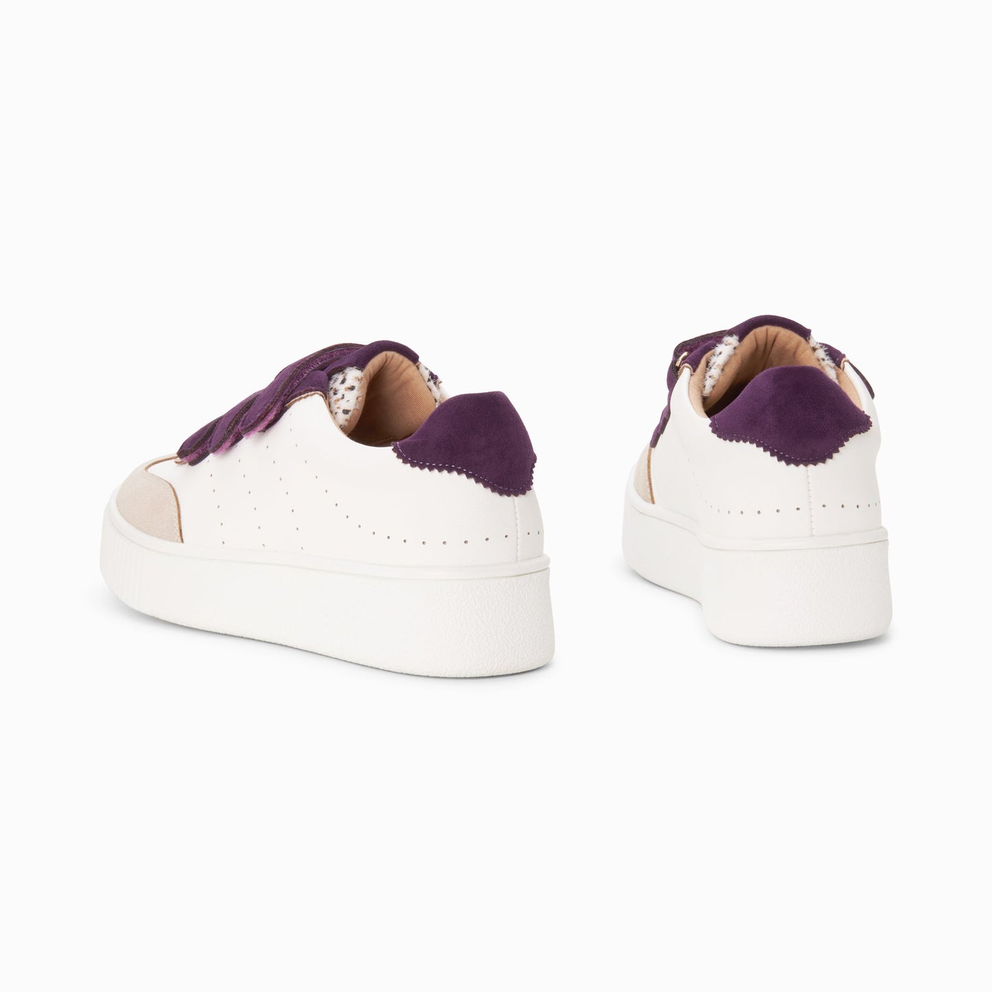 Baskets basses Vanessa Wu femme blanches en faux cuir à scratchs violets et détails beiges