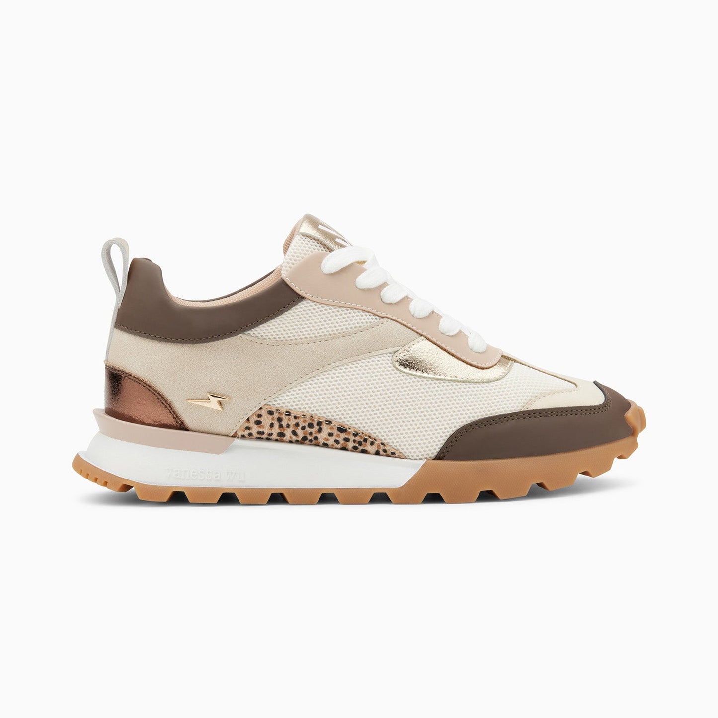 Baskets beige et marron à semelle running femme détails guépard femme Vanessa Wu à lacets