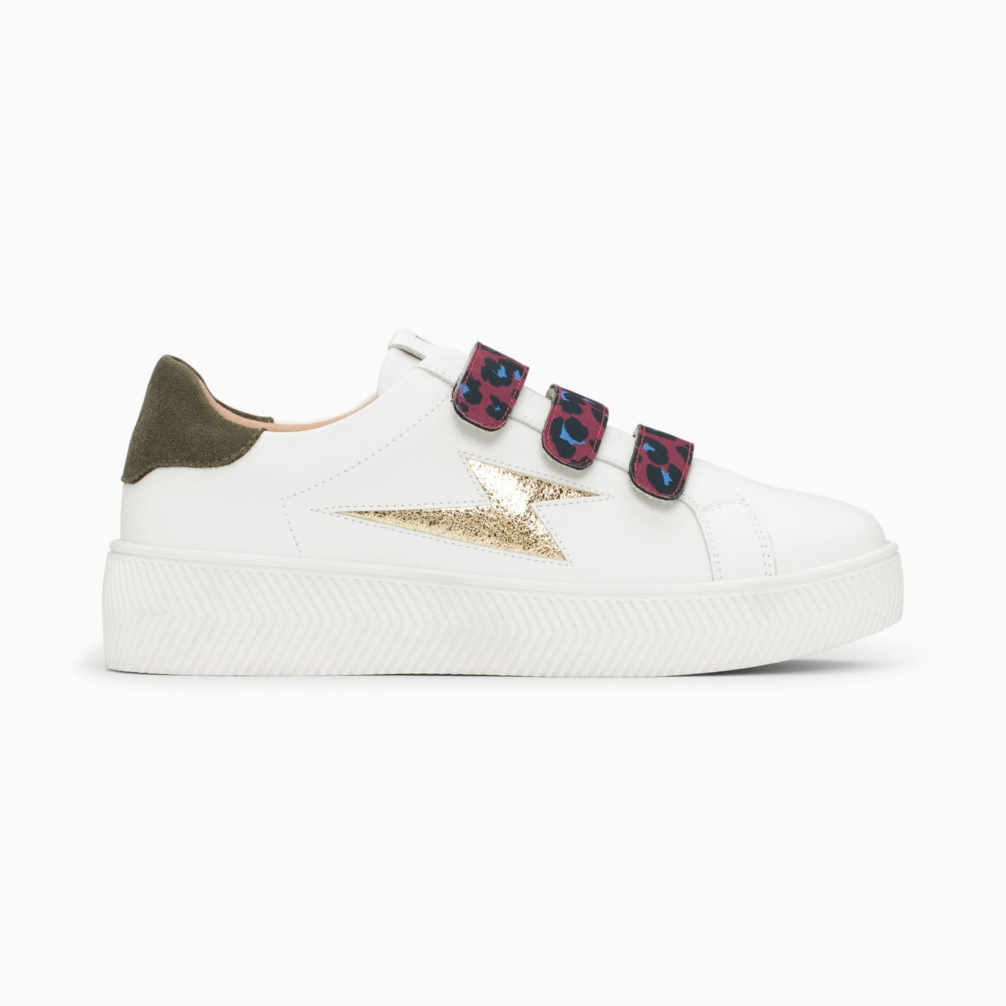 Sneakers en similicuir blanc avec éclair doré femme et scratchs léopard Vanessa Wu