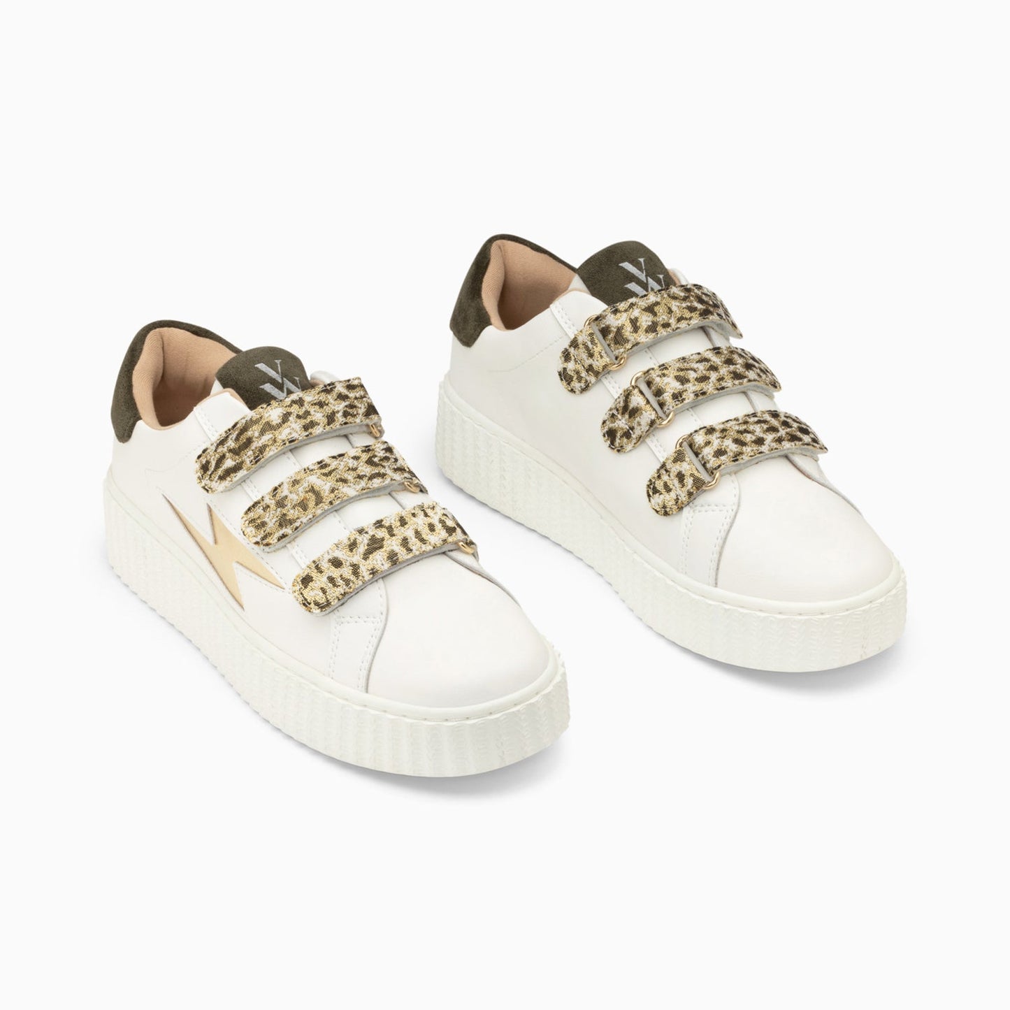 Sneakers blanches à scratchs léopard femme avec éclair doré et semelle creepers Vanessa Wu