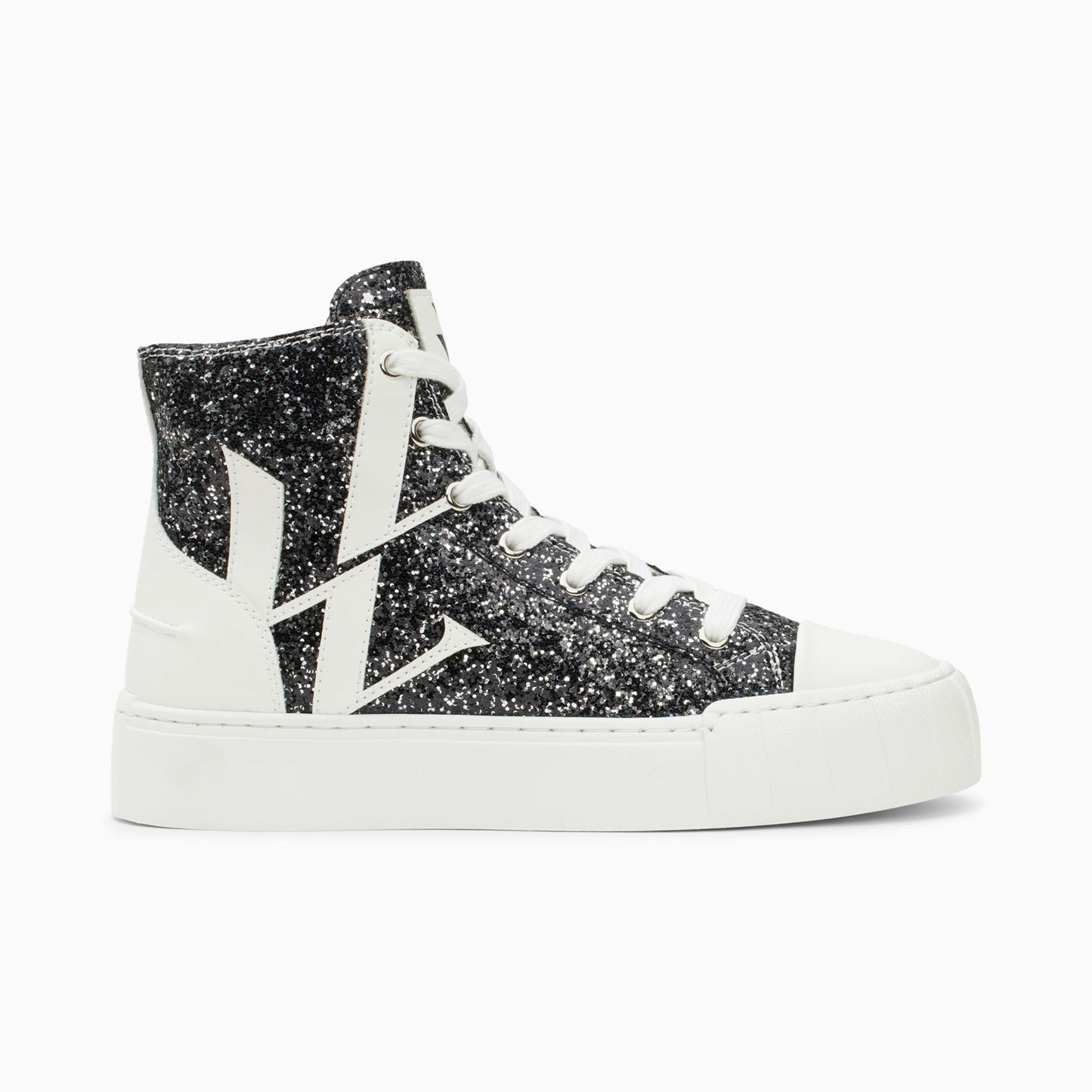 Sneakers paillettes noires montantes femme avec monogramme Vanessa Wu en similicuir blanc et semelles épaisses