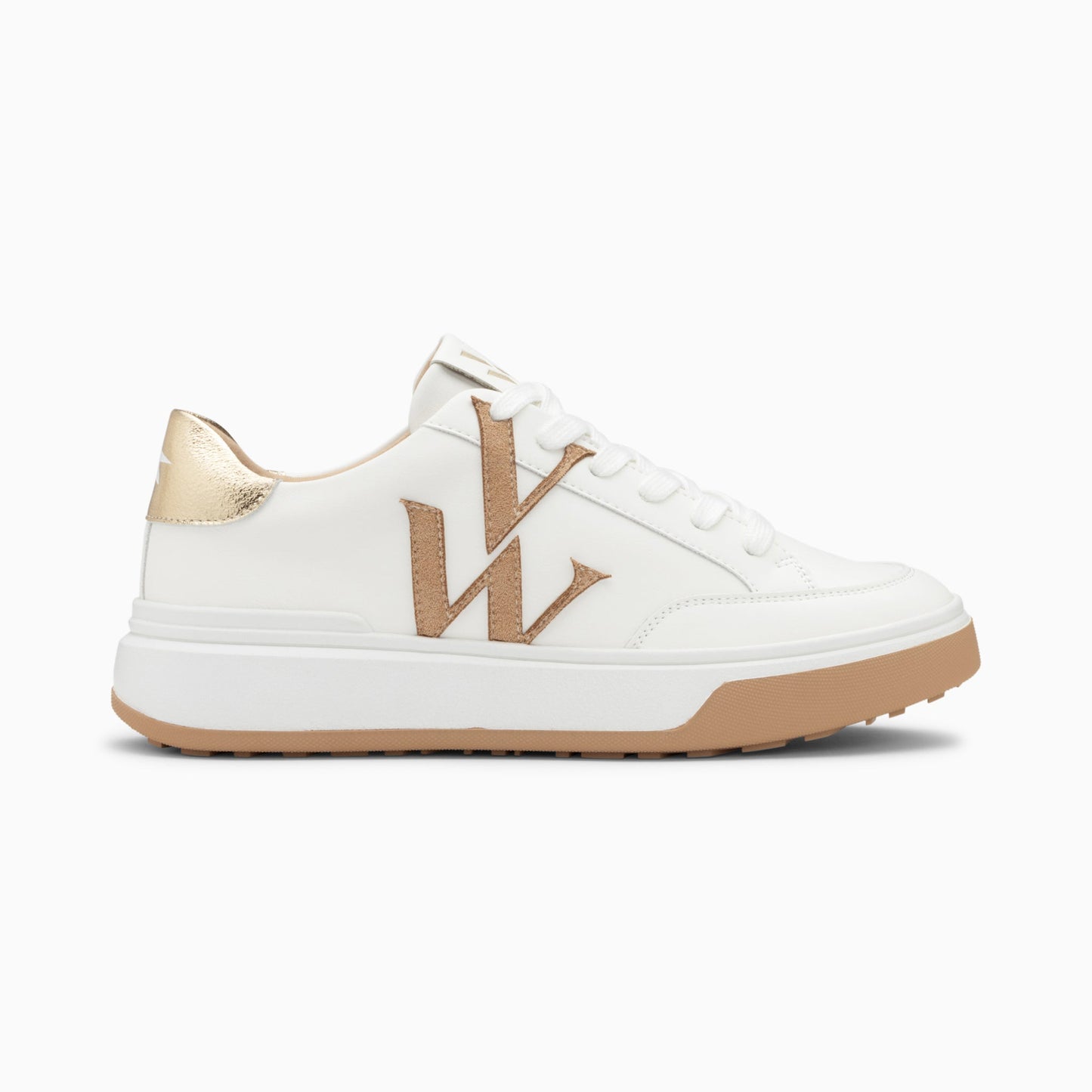 Sneakers blanches femme avec monogramme Vanessa Wu en suédine beige avec semelle blanche et beige