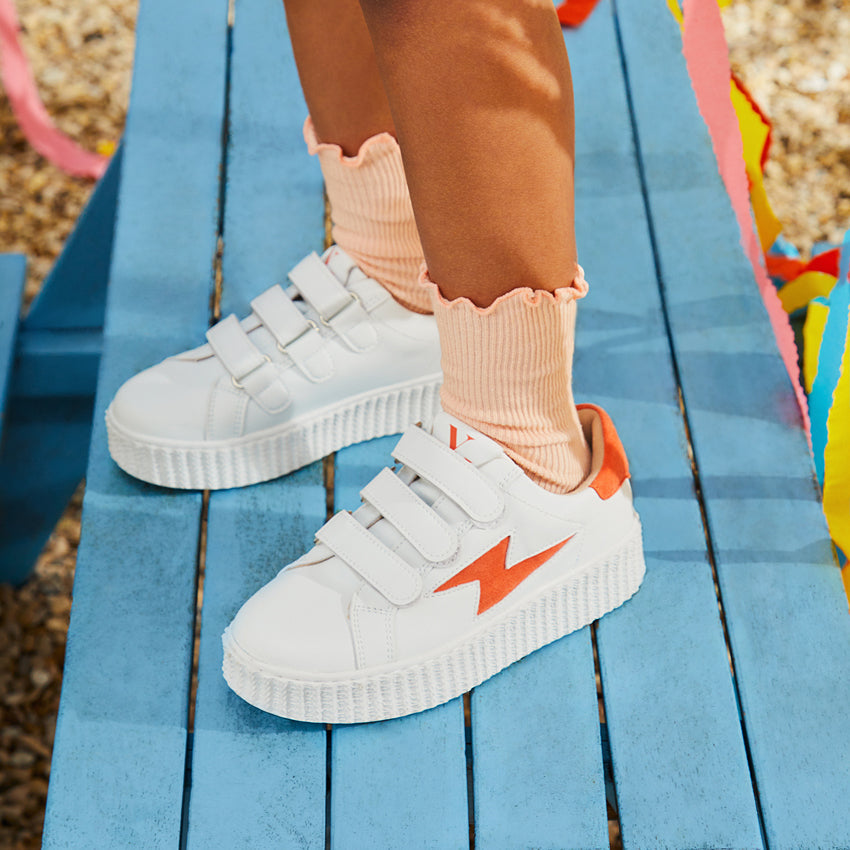 Mini Vicky white and orange lightning sneakers with velcro
