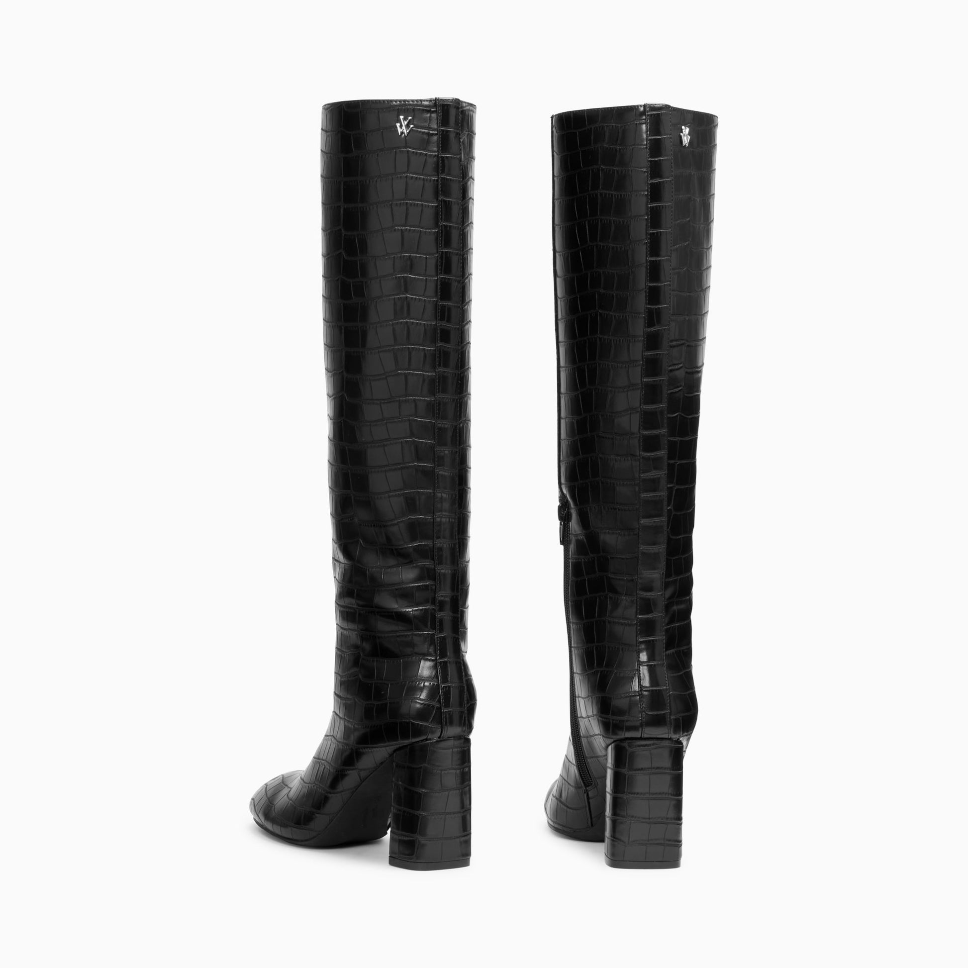 Bottes Vanessa Wu femme en similicuir noir effet crocodile à talon bloc recouvert noir