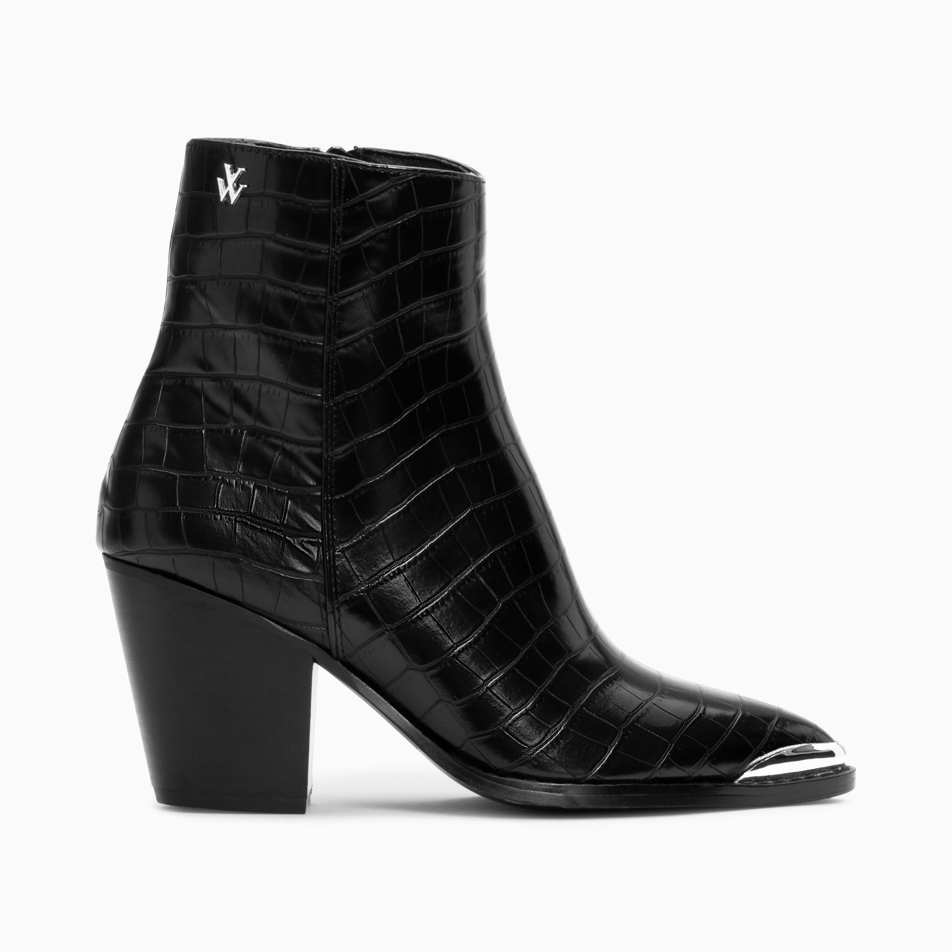 Bottines santiags noires Vanessa Wu bout métallique argent à talon en similicuir effet crocodile femme