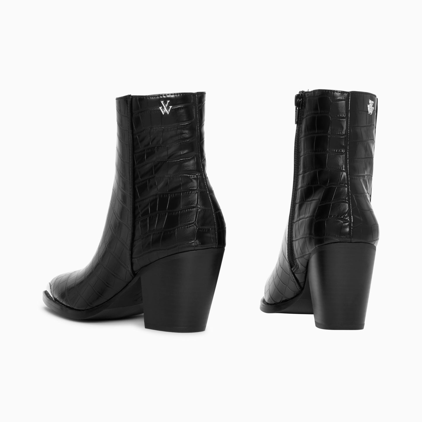 Bottines santiags noires Vanessa Wu bout métallique argent à talon en similicuir effet crocodile femme