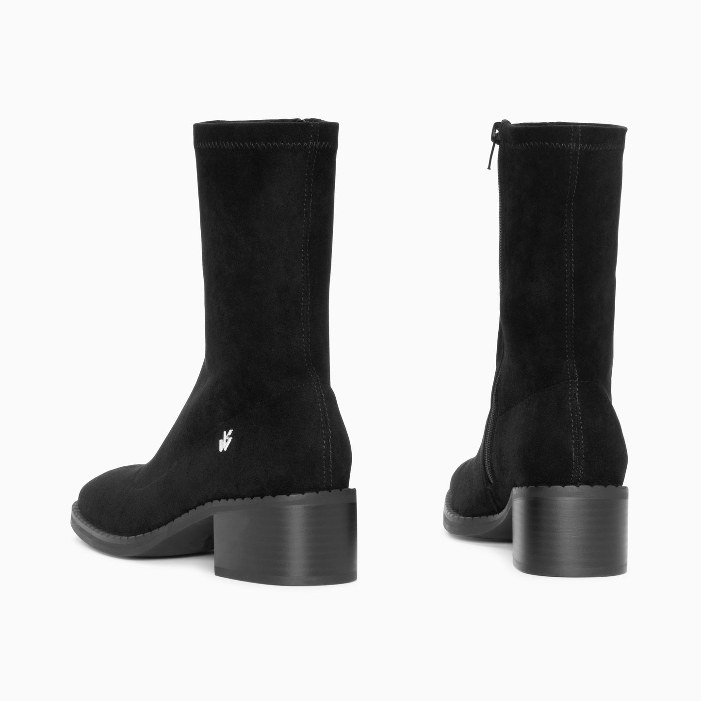 Bottines chaussettes noires femme en suédine stretch à bout rond et petit talon Vanessa Wu