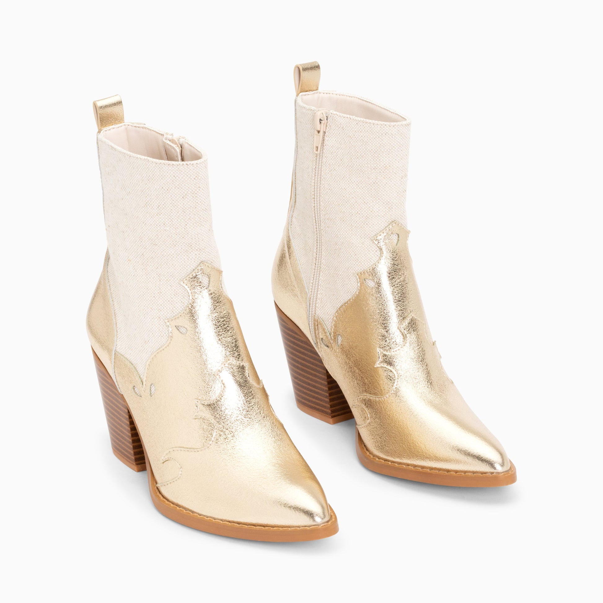 Bottines santiags Vanessa Wu bi-matière beige et or et talon cubain effet bois femme