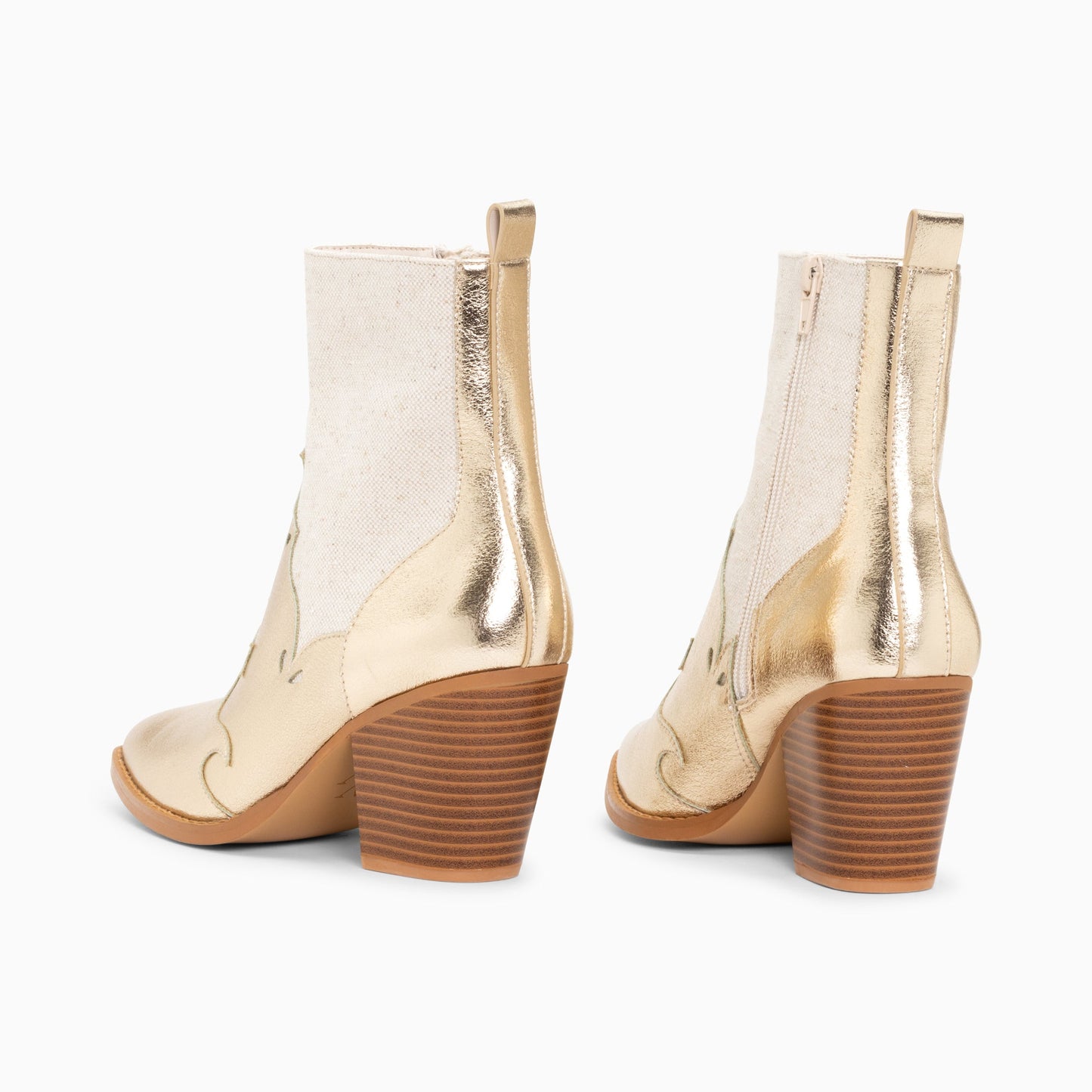 Bottines santiags Vanessa Wu bi-matière beige et or et talon cubain effet bois femme