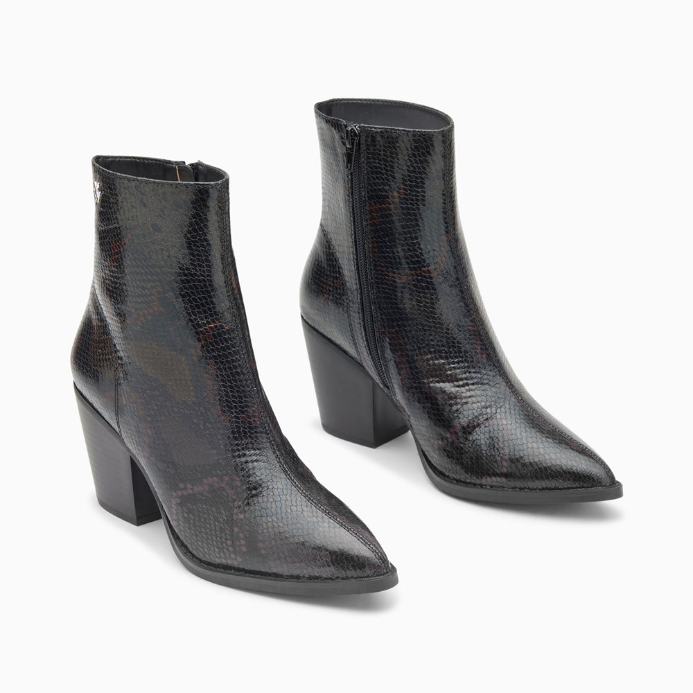 Bottines style santiags noir à reflets rouges effet serpent et talon cubain femme Vanessa Wu