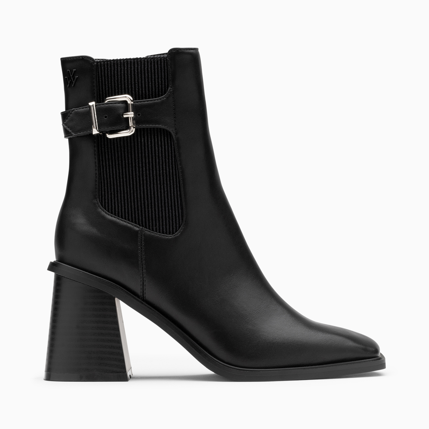 Bottines montantes noires femme en similicuir à sangle talon trapèze et bout carré Vanessa Wu