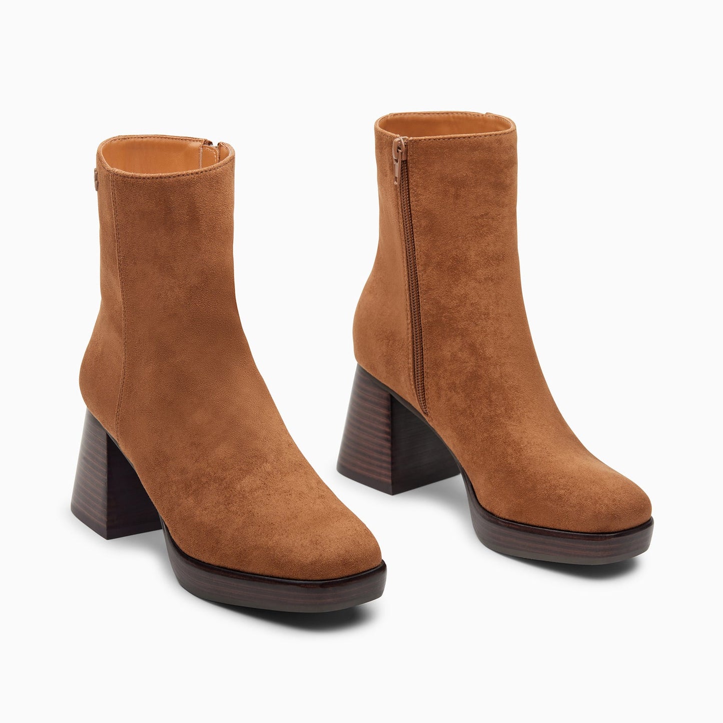 Bottines en suèdine camel Vanessa Wu à talon trapèze femme effet bois avec fermeture éclair