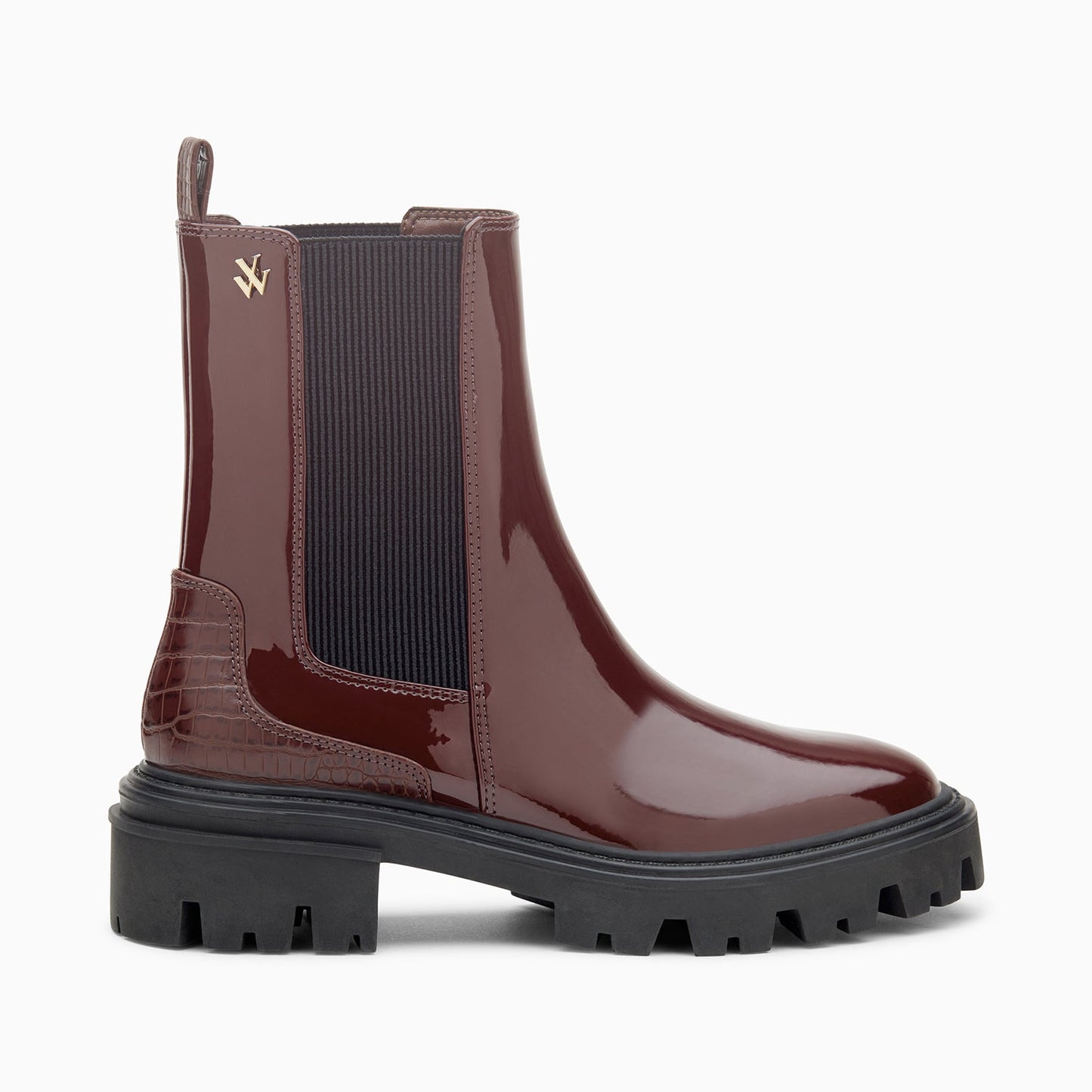 Bottines Chelsea bordeaux vernies Vanessa Wu à semelle crantée avec détails effet croco femme