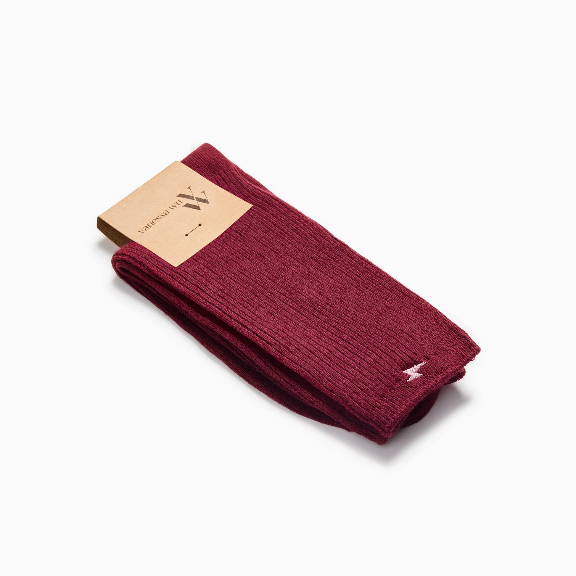 Chaussettes hautes rouge bordeaux côtelées avec éclair brodé beige femme Vanessa Wu en coton