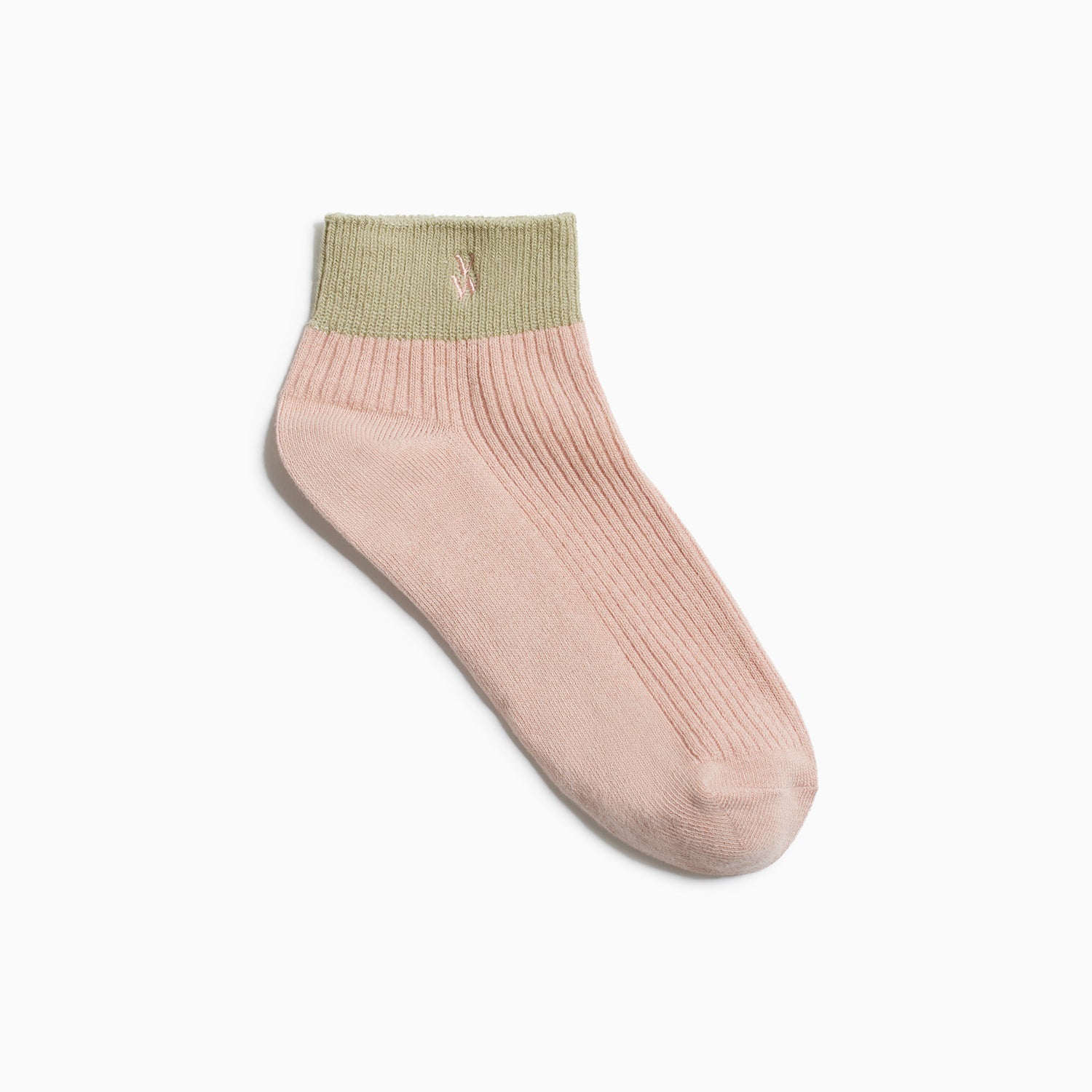 Chaussettes rose côtelées courtes femme avec logo rose brodé et bordure kaki élastique Vanessa Wu