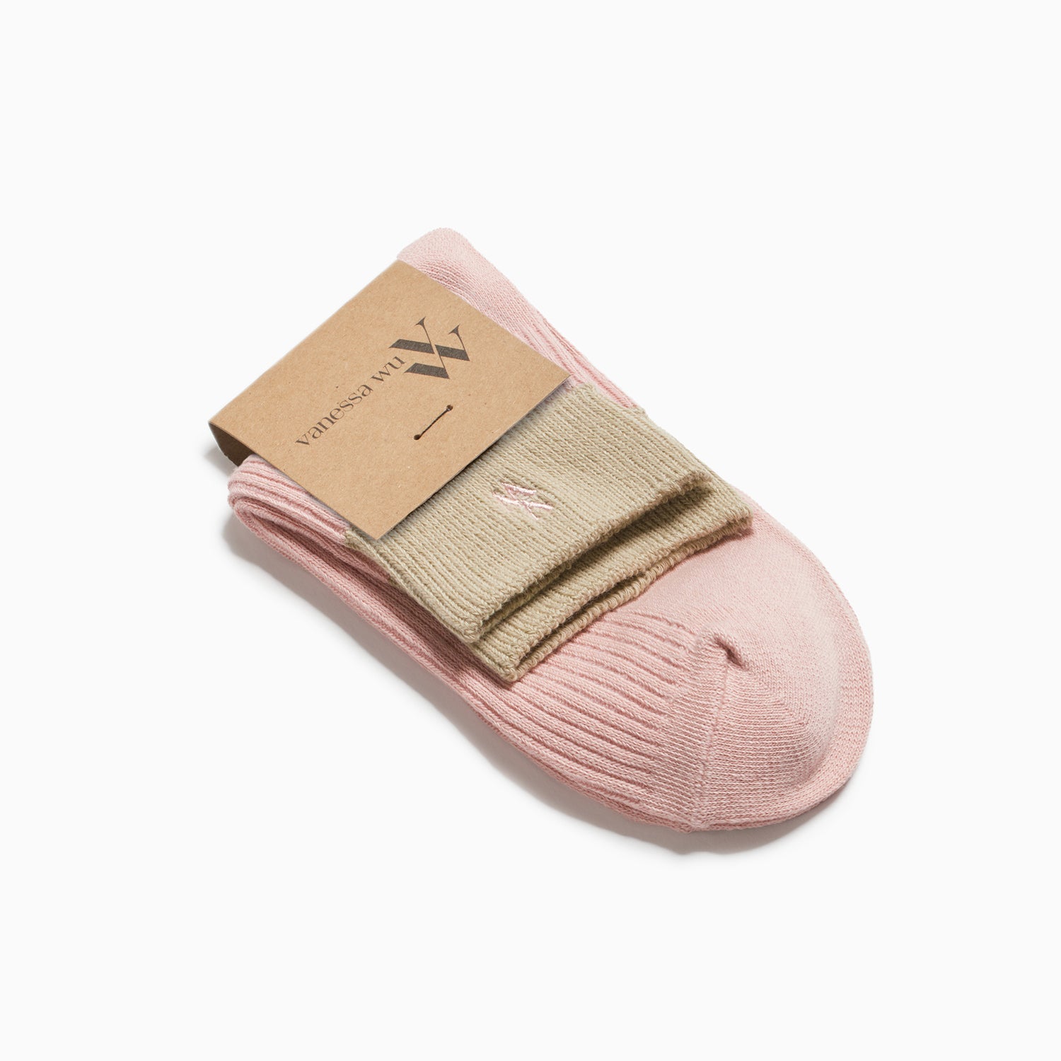 Chaussettes rose côtelées courtes femme avec logo rose brodé et bordure kaki élastique Vanessa Wu