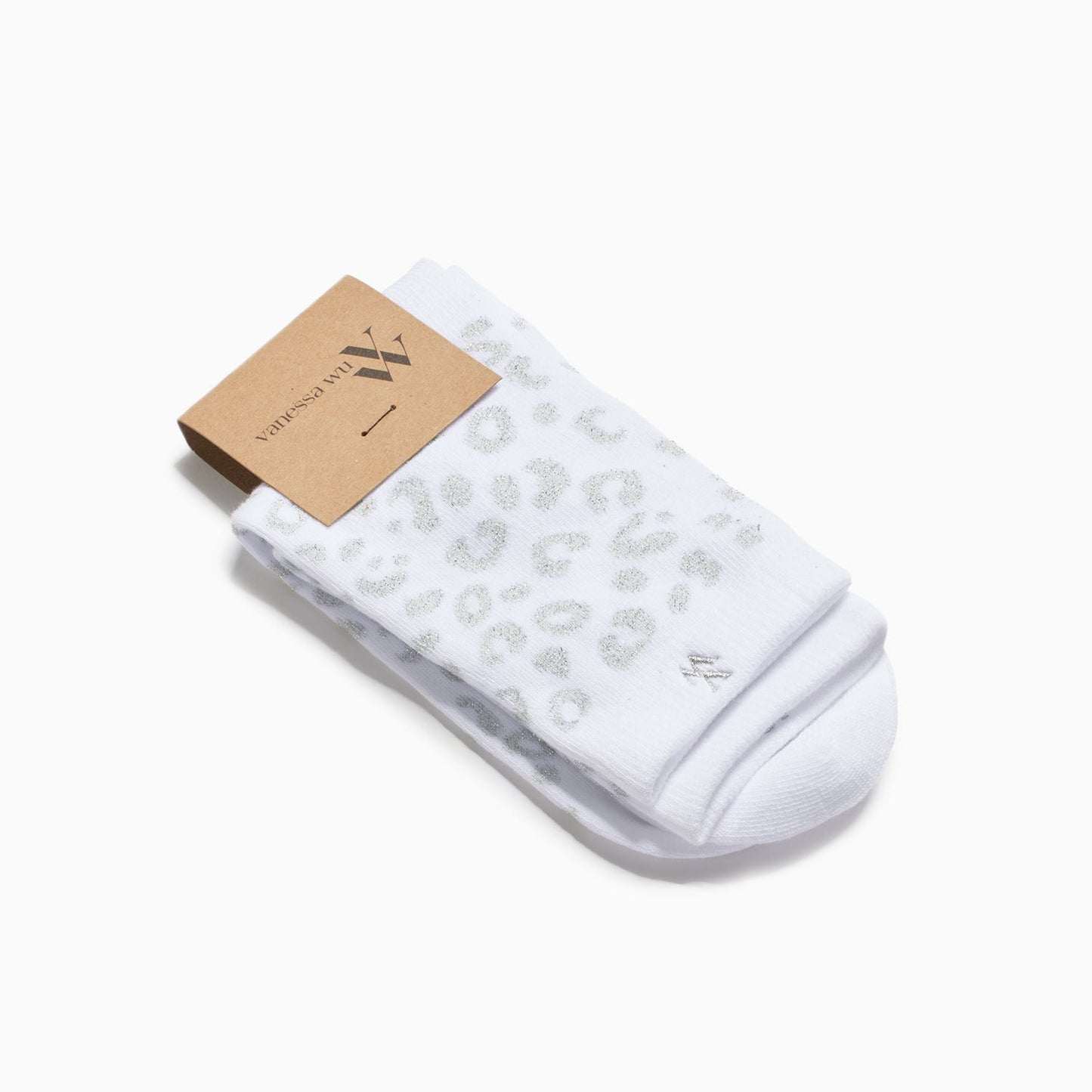 Chaussettes blanches montantes Vanessa Wu femme à imprimé léopard en coton avec logo gris brodé