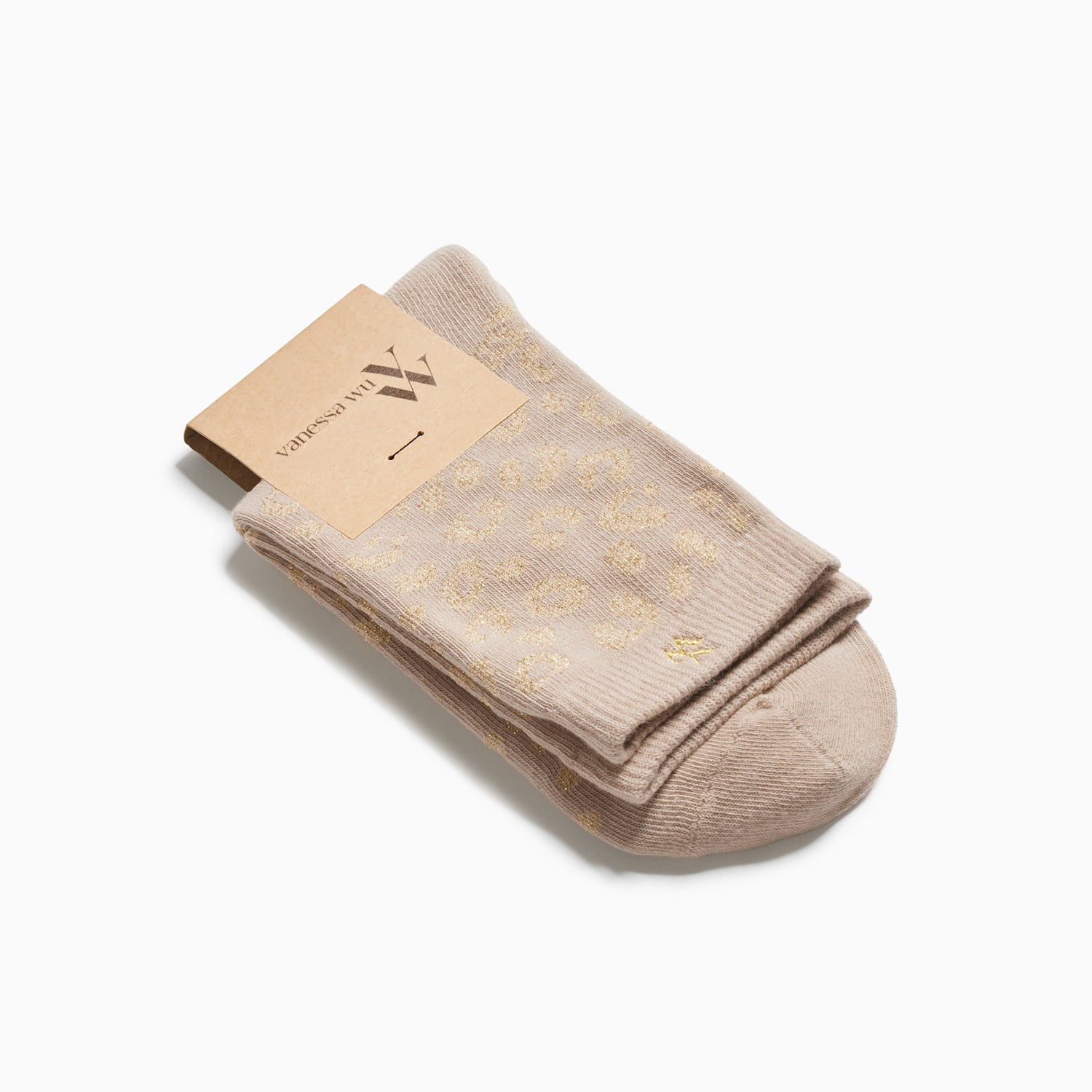 Chaussettes montantes Vanessa Wu femme beiges à imprimé léopard en coton avec logo beige brodé