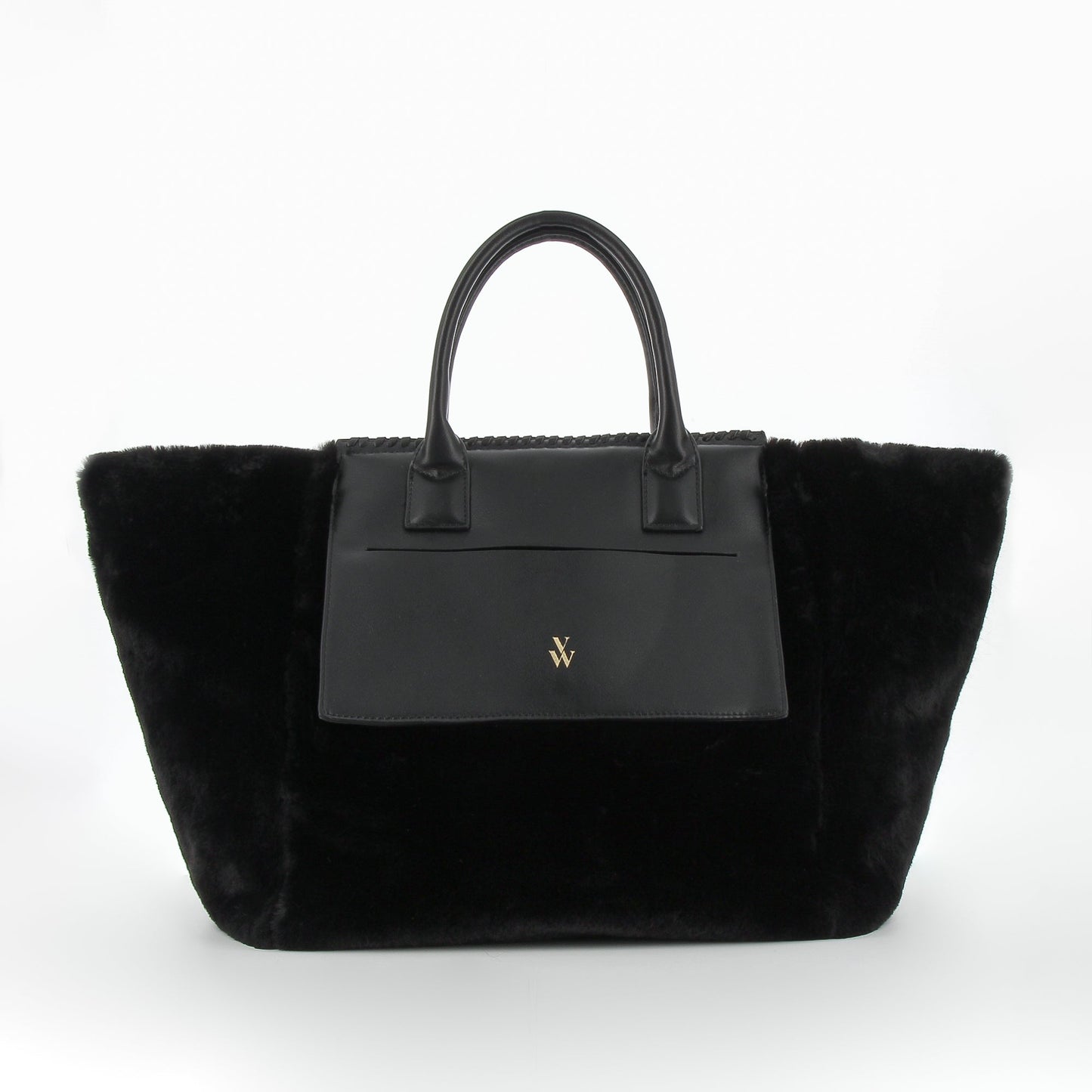 Sac cabas oversize noir Vanessa Wu fausse fourrure à détails similicuir noir et bandoulière femme