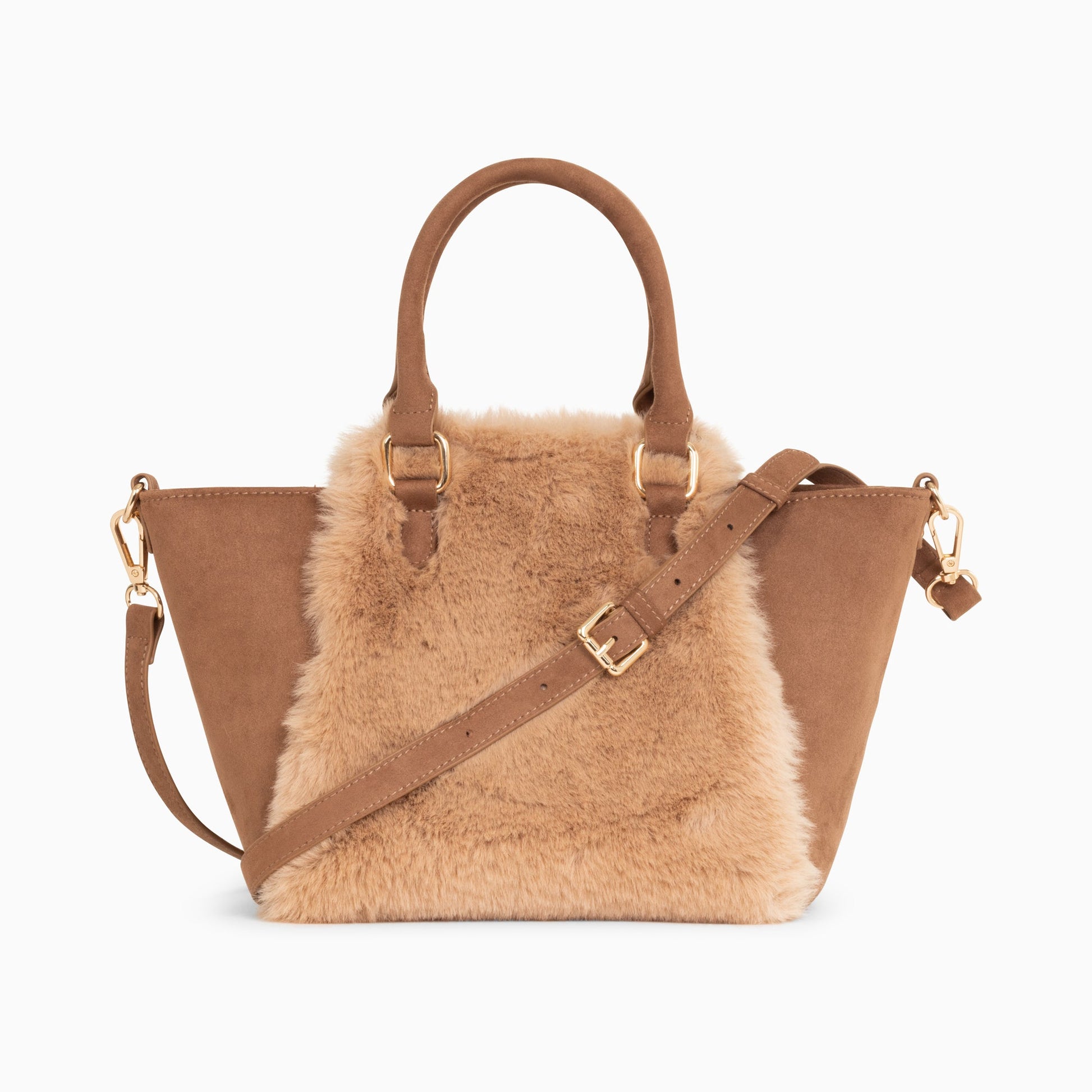 Sac à main trapèze femme camel en suédine à fausse fourrure beige rose Vanessa Wu