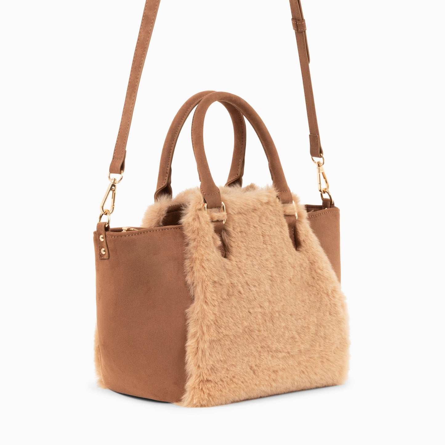 Sac à main trapèze femme camel en suédine à fausse fourrure beige rose Vanessa Wu