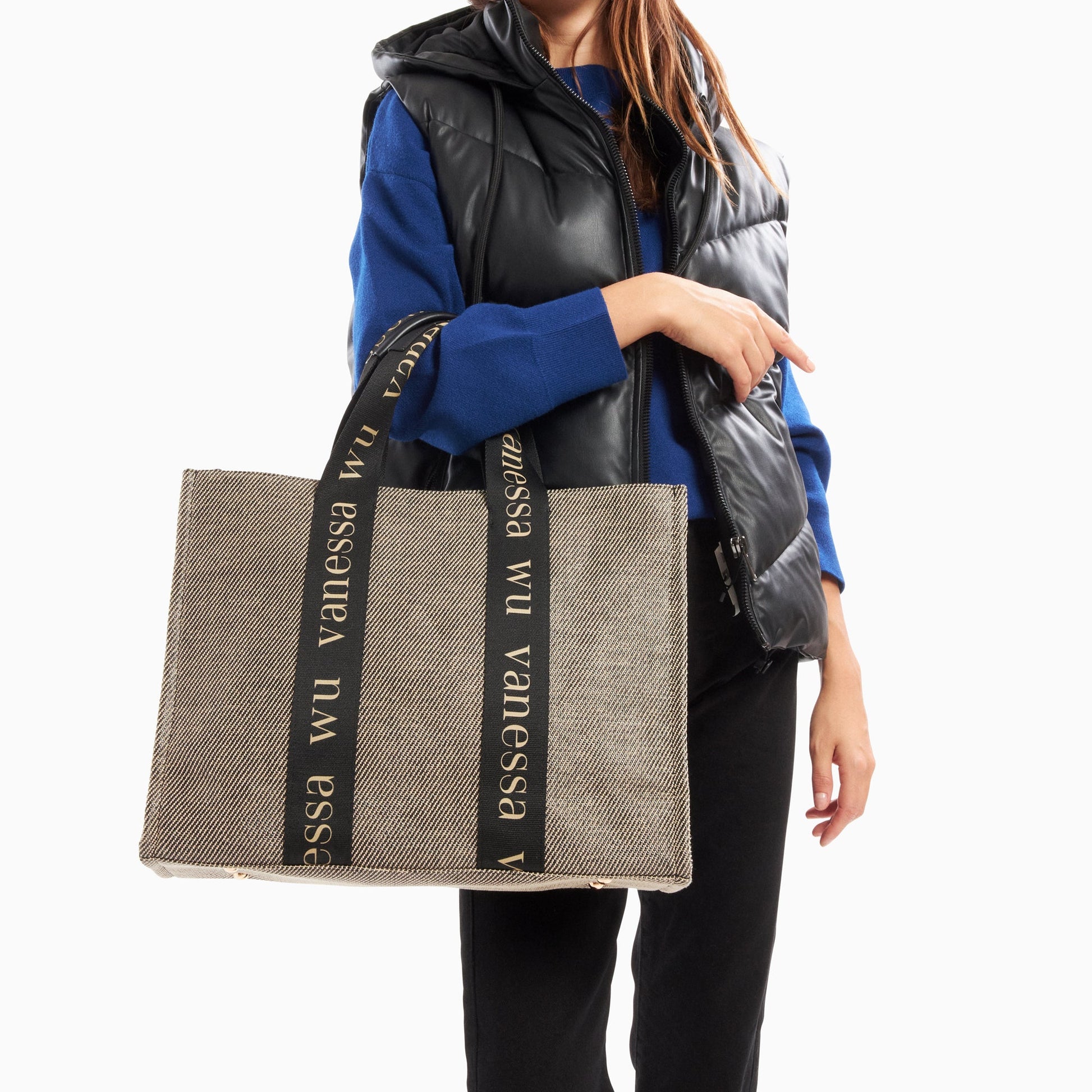 Grand sac shopper gris en tissu Vanessa Wu à fines rayures avec anses noires femme et bandoulière
