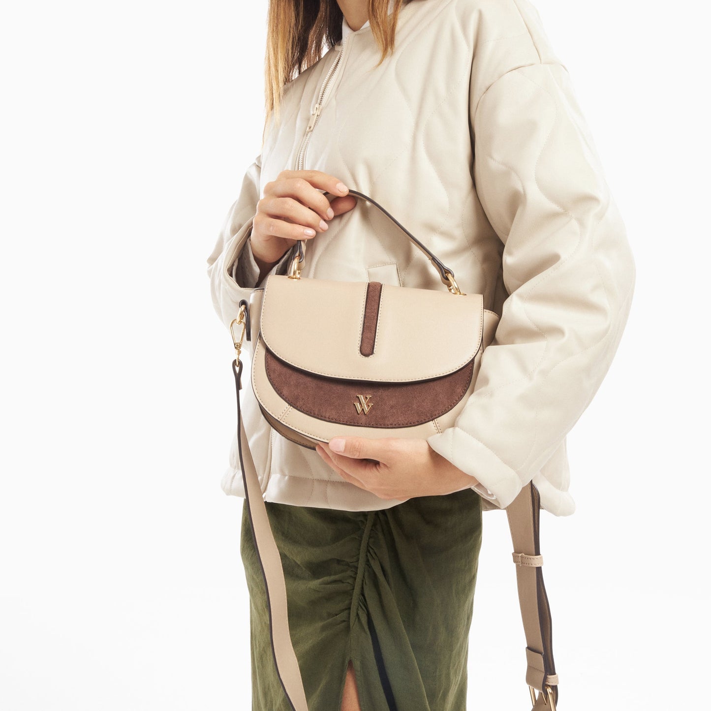 Sac à main demi-lune beige et taupe femme à bandoulière similicuir Vanessa Wu