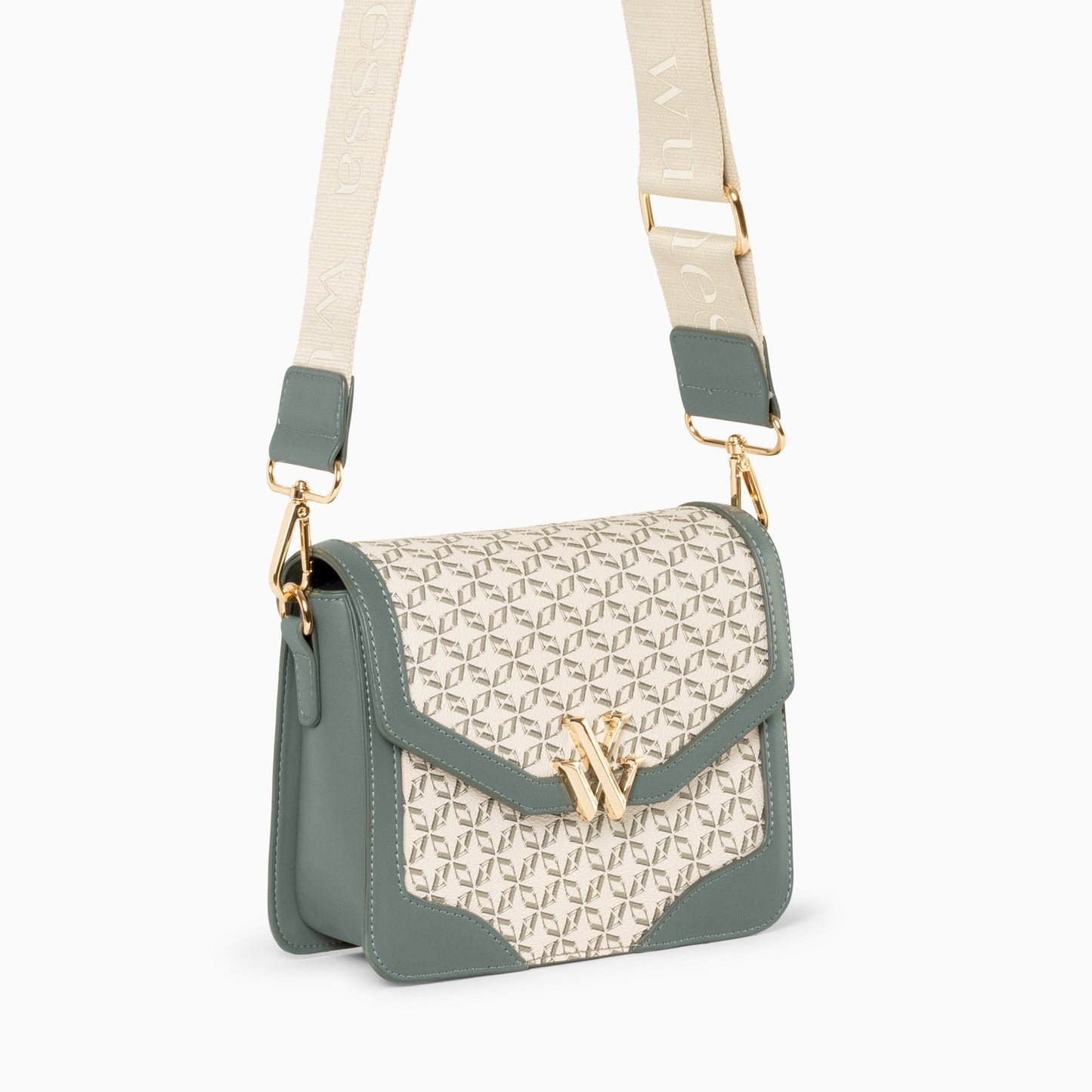 Sac cartable Vanessa Wu femme vert en toile monogramme et similicuir à bandoulière large