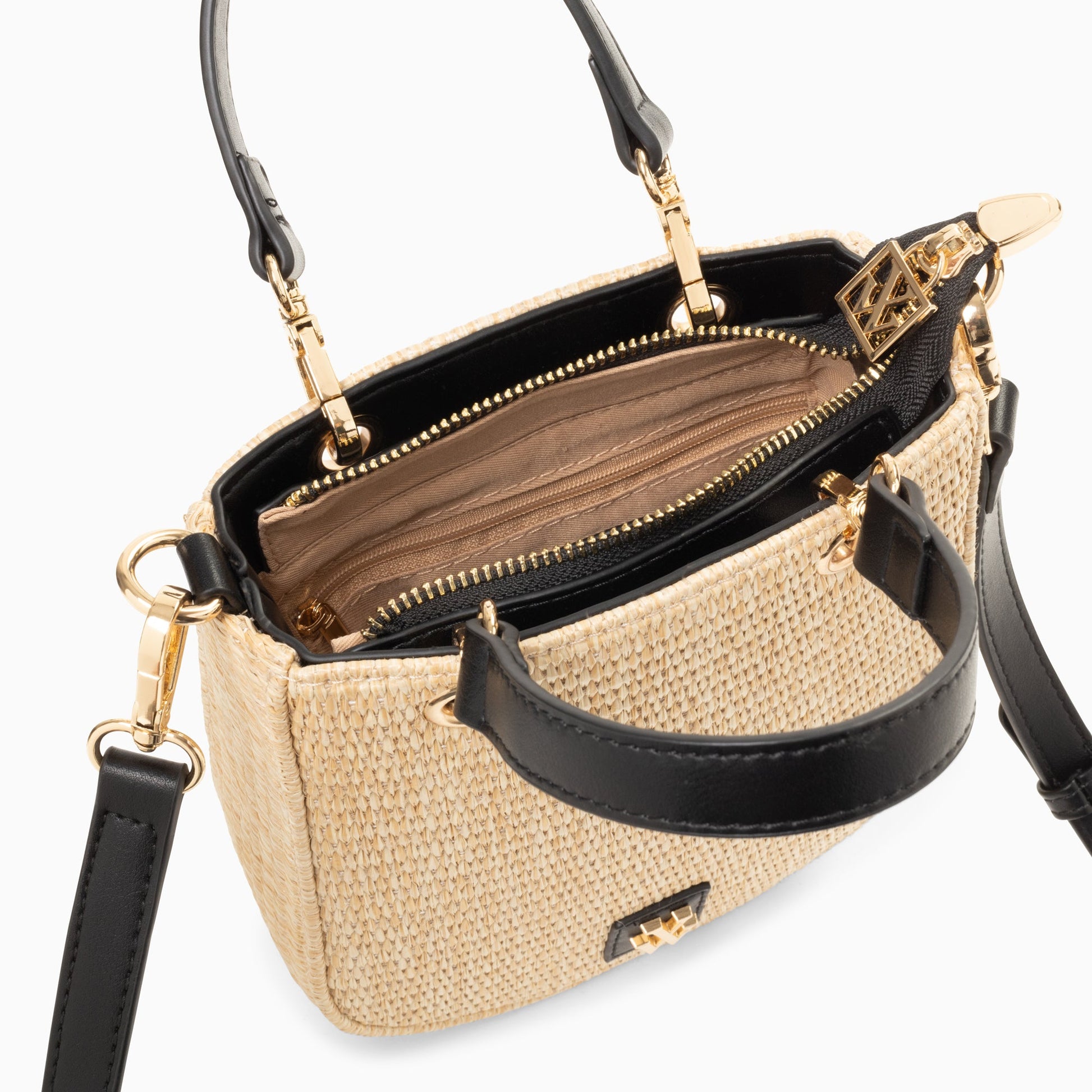 Petit sac en raphia beige à détails noirs à main femme