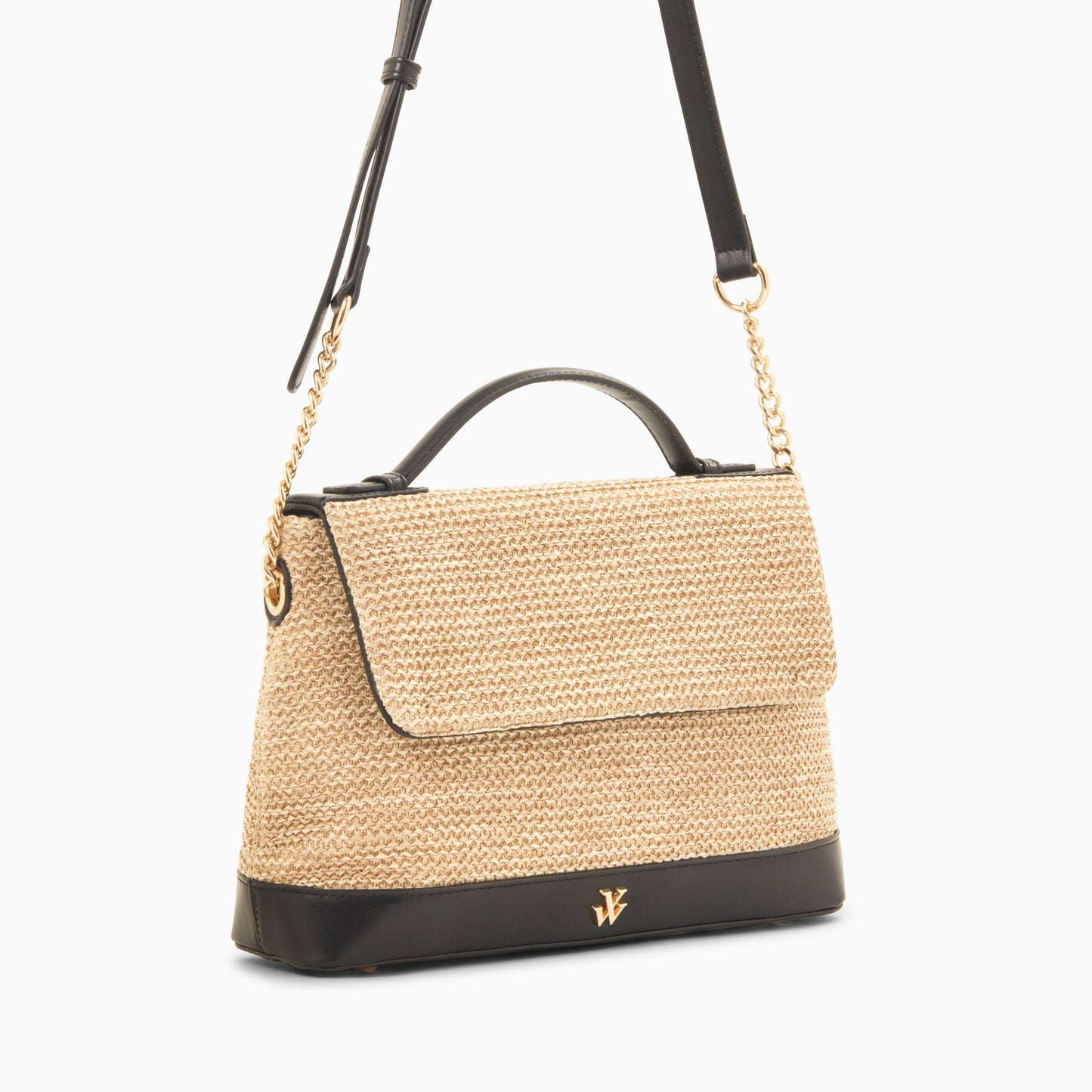 Sac cartable femme en raphia beige et à détails noirs à rabat