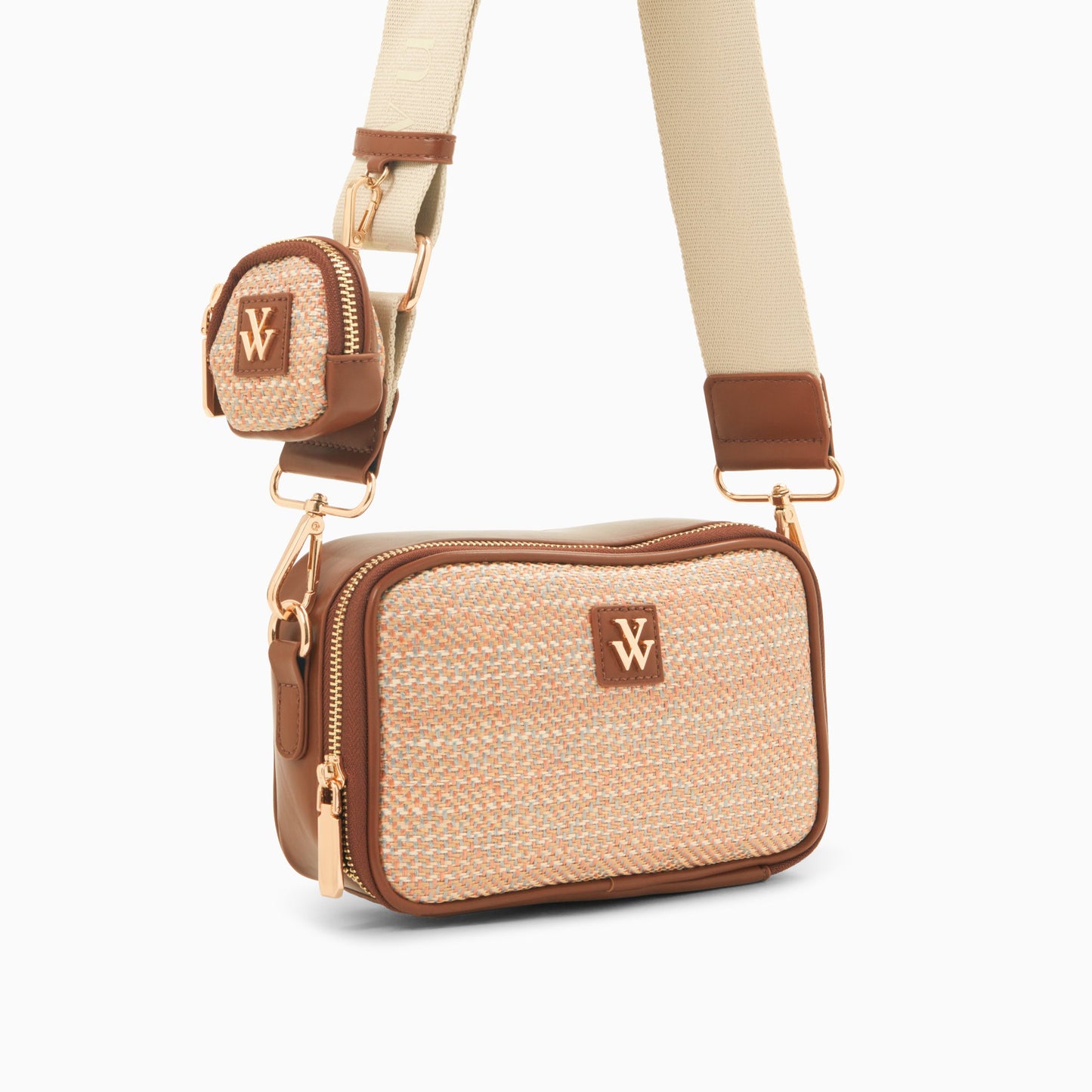 Sacoche femme en raphia beige et similicuir marron à mini pochette et bandoulière large