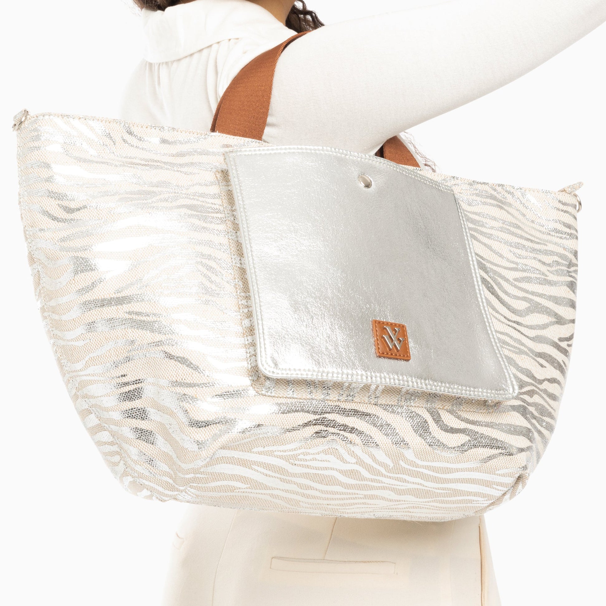 Cabas en tissu argent à imprimé zèbre à pochette zippé femme