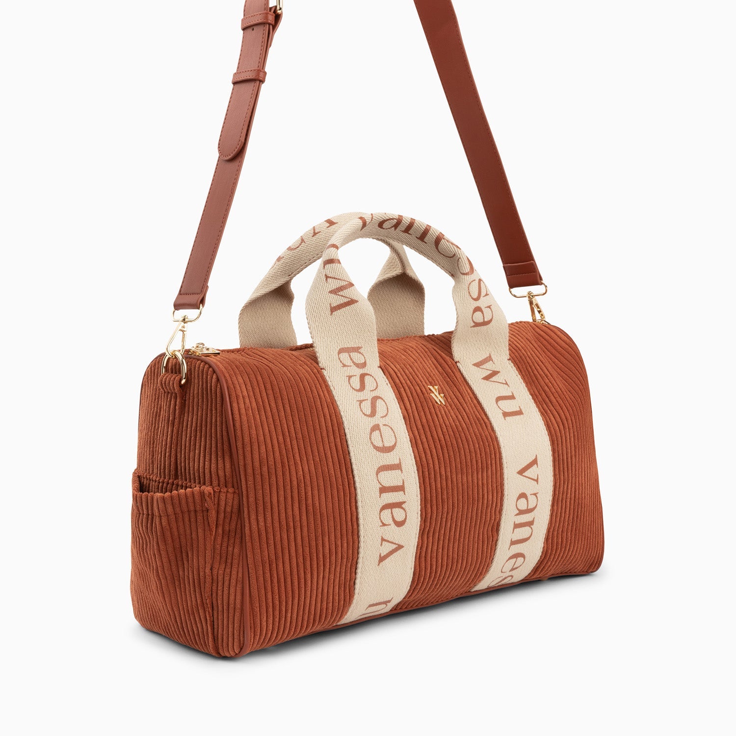 Sac de voyage Vanessa Wu femme en velours côtelé beige avec petites anses beiges monogrammées