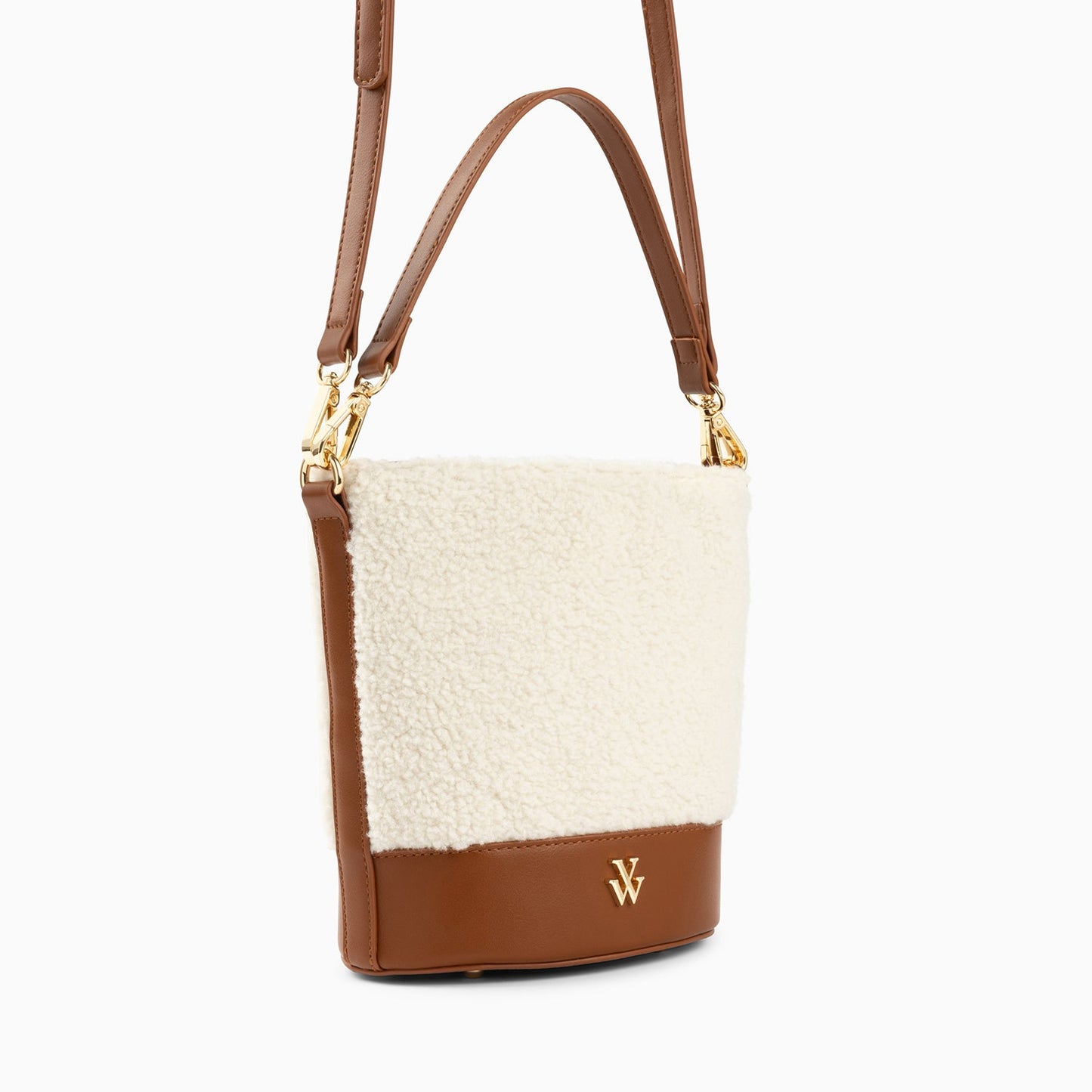 Sac seau en faux shearling beige à anses et bandoulière amovible camel femme Vanessa Wu