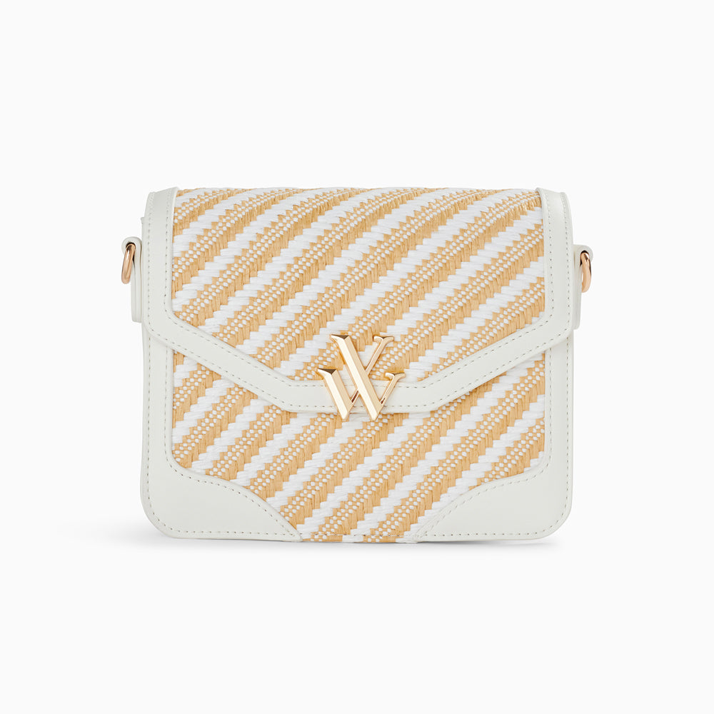 Petit sac cartable Vanessa Wu femme tressé en diagonal beige et blanc à bandoulière large