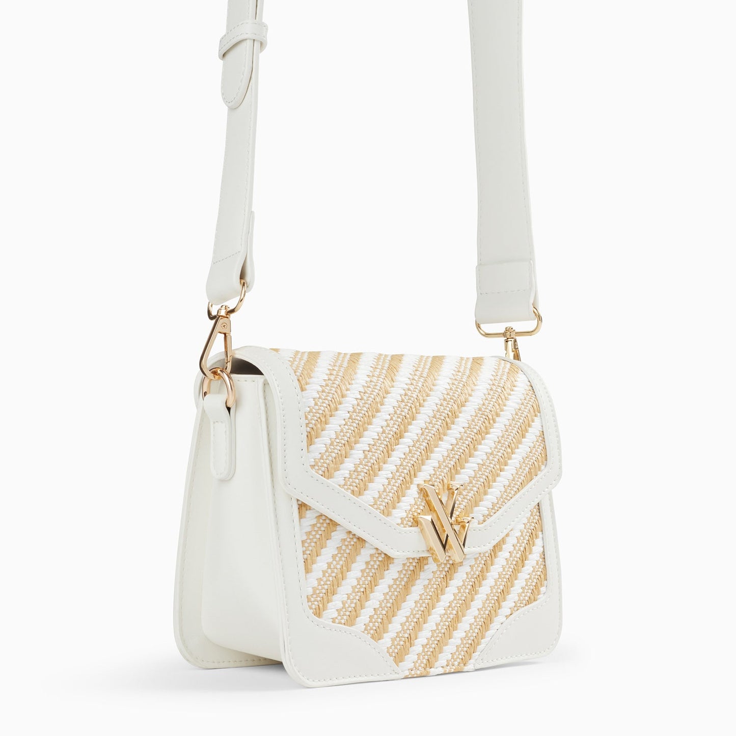 Petit sac cartable Vanessa Wu femme tressé en diagonal beige et blanc à bandoulière large