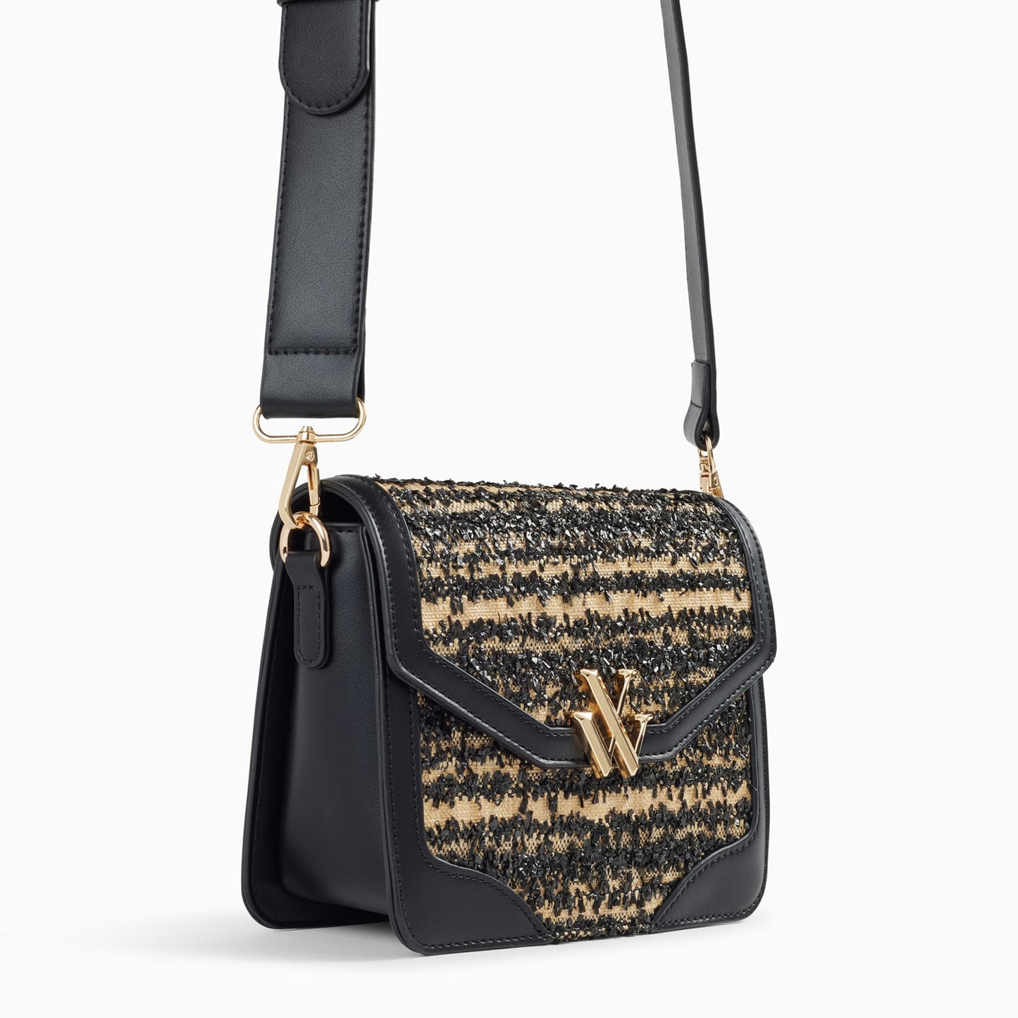 Petit sac cartable Vanessa Wu femme effet raphia beige et noir à bandoulière large