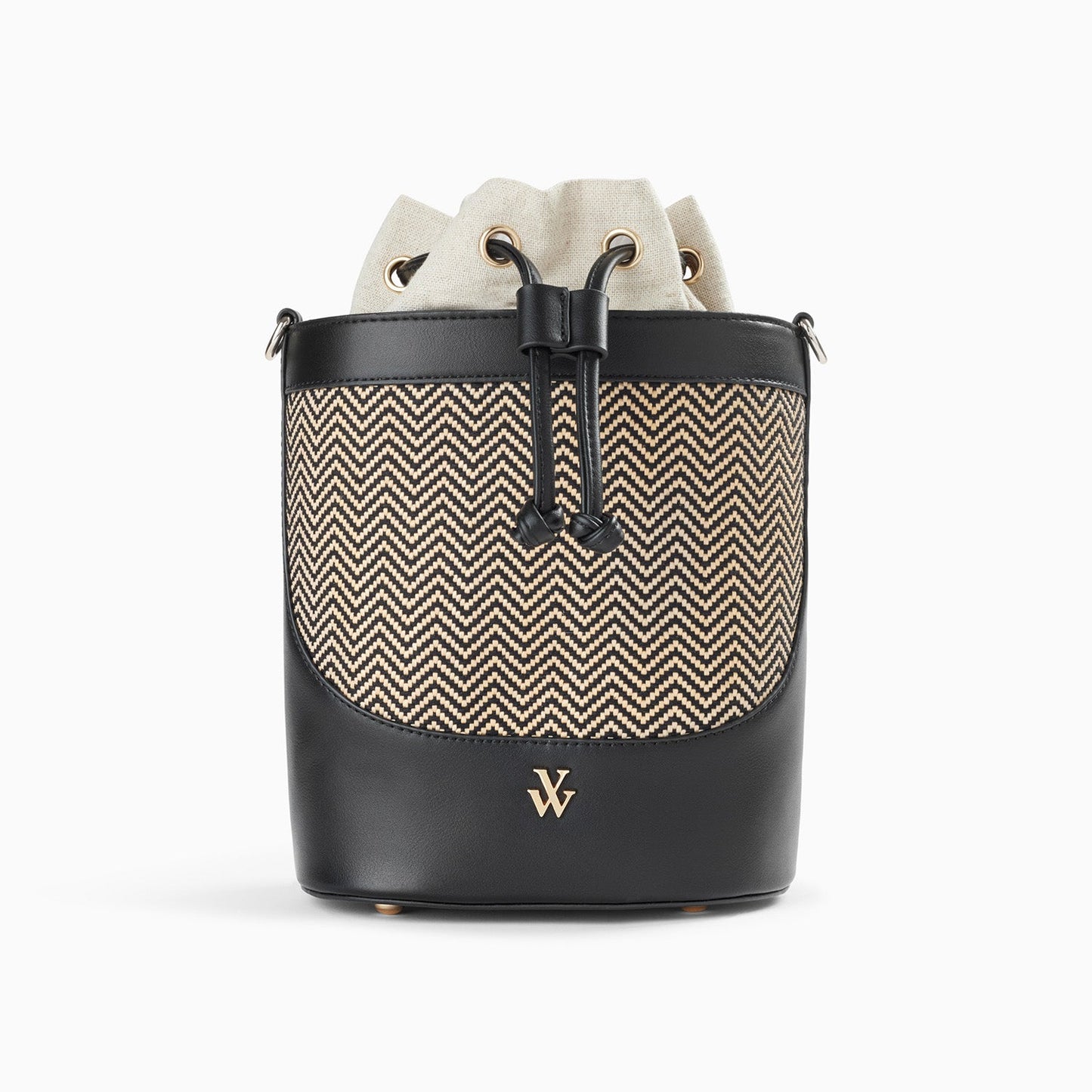 Sac seau femme noir et raphia motif chevrons Vanessa Wu avec cordon de serrage